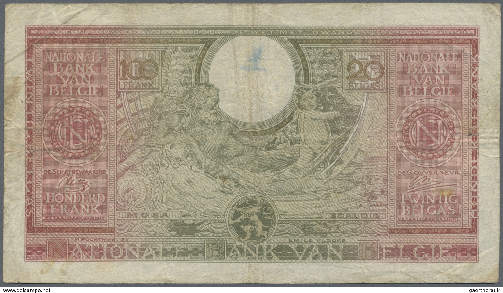 Belgium / Belgien: 100 Francs = 20 Belgas 1943, P.123, Small Graffiti At Upper Center, Several Folds - [ 1] …-1830 : Prima Dell'Indipendenza