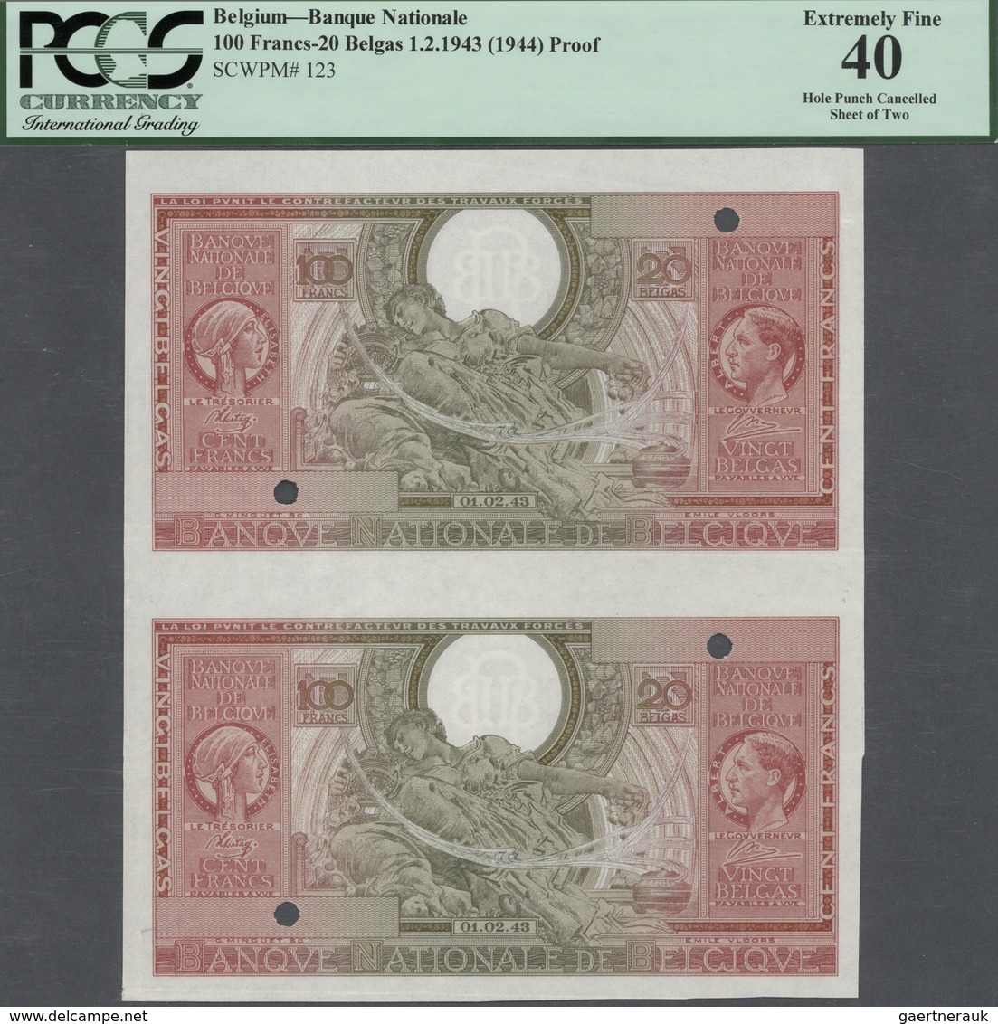 Belgium / Belgien: Uncut Proof Pair Of The 100 Francs = 20 Belgas 1943 (1944), P.123 Proof With Canc - [ 1] …-1830 : Prima Dell'Indipendenza