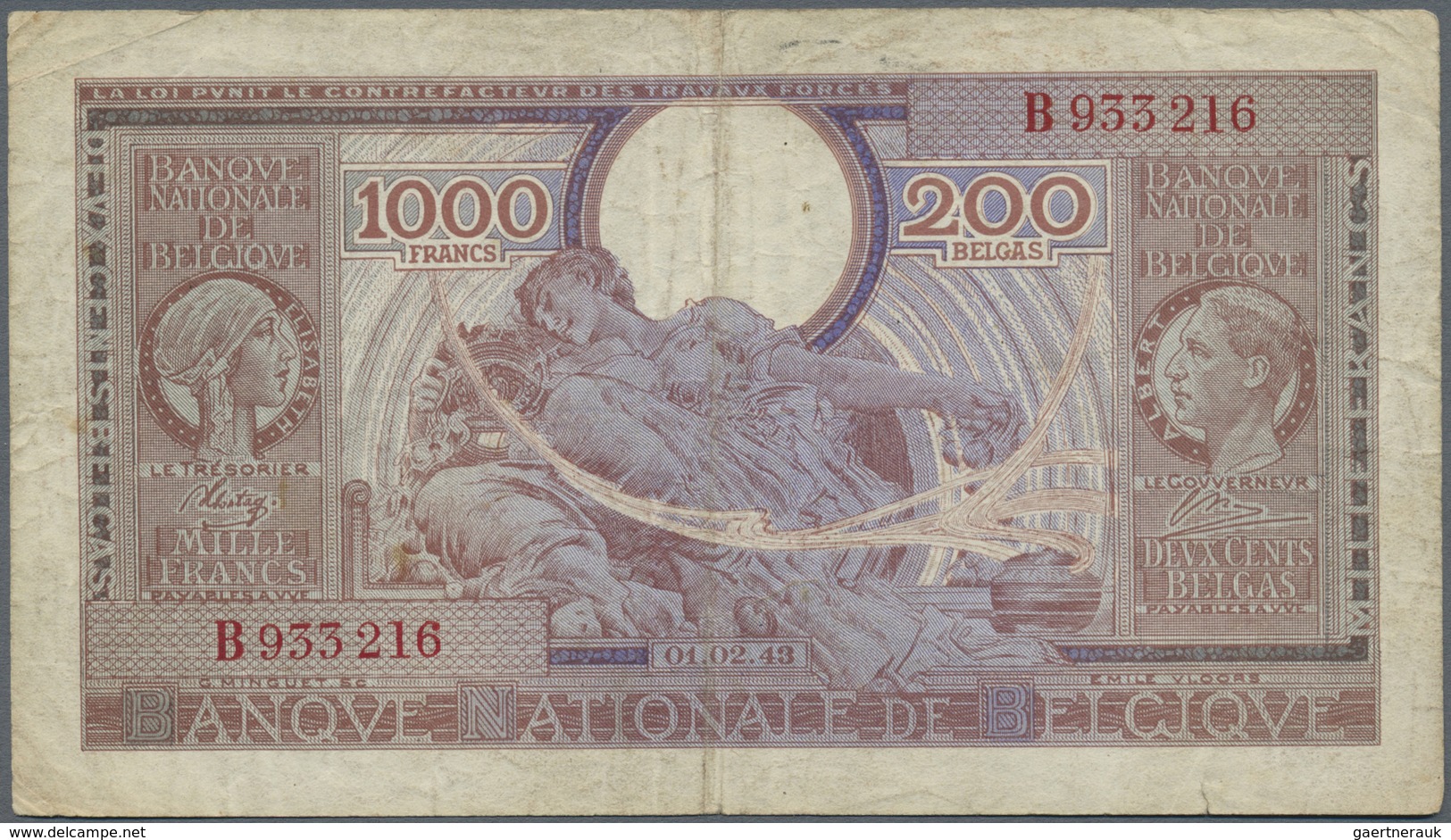 Belgium / Belgien: 1000 Francs - 200 Belgas 1943 P. 125, Center Fold, Stained Paper, Handling Due To - [ 1] …-1830 : Prima Dell'Indipendenza