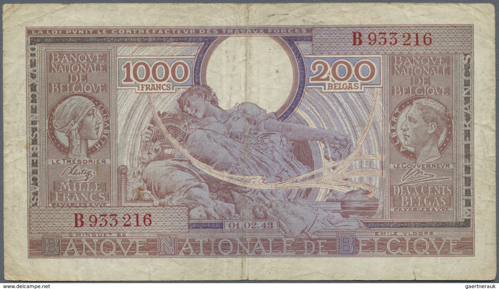 Belgium / Belgien: 1000 Francs - 200 Belgas 1943 P. 125, Center Fold, Stained Paper, Handling Due To - [ 1] …-1830: Vor Der Unabhängigkeit