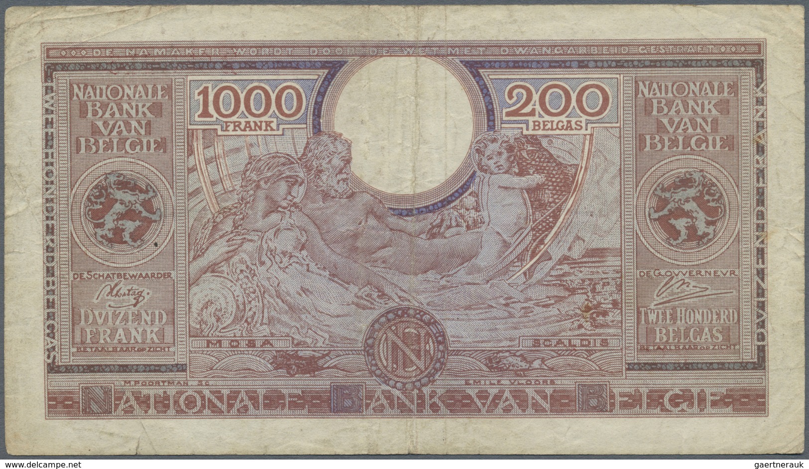 Belgium / Belgien: 1000 Francs - 200 Belgas 1943 P. 125, Center Fold, Stained Paper, Handling Due To - [ 1] …-1830 : Prima Dell'Indipendenza