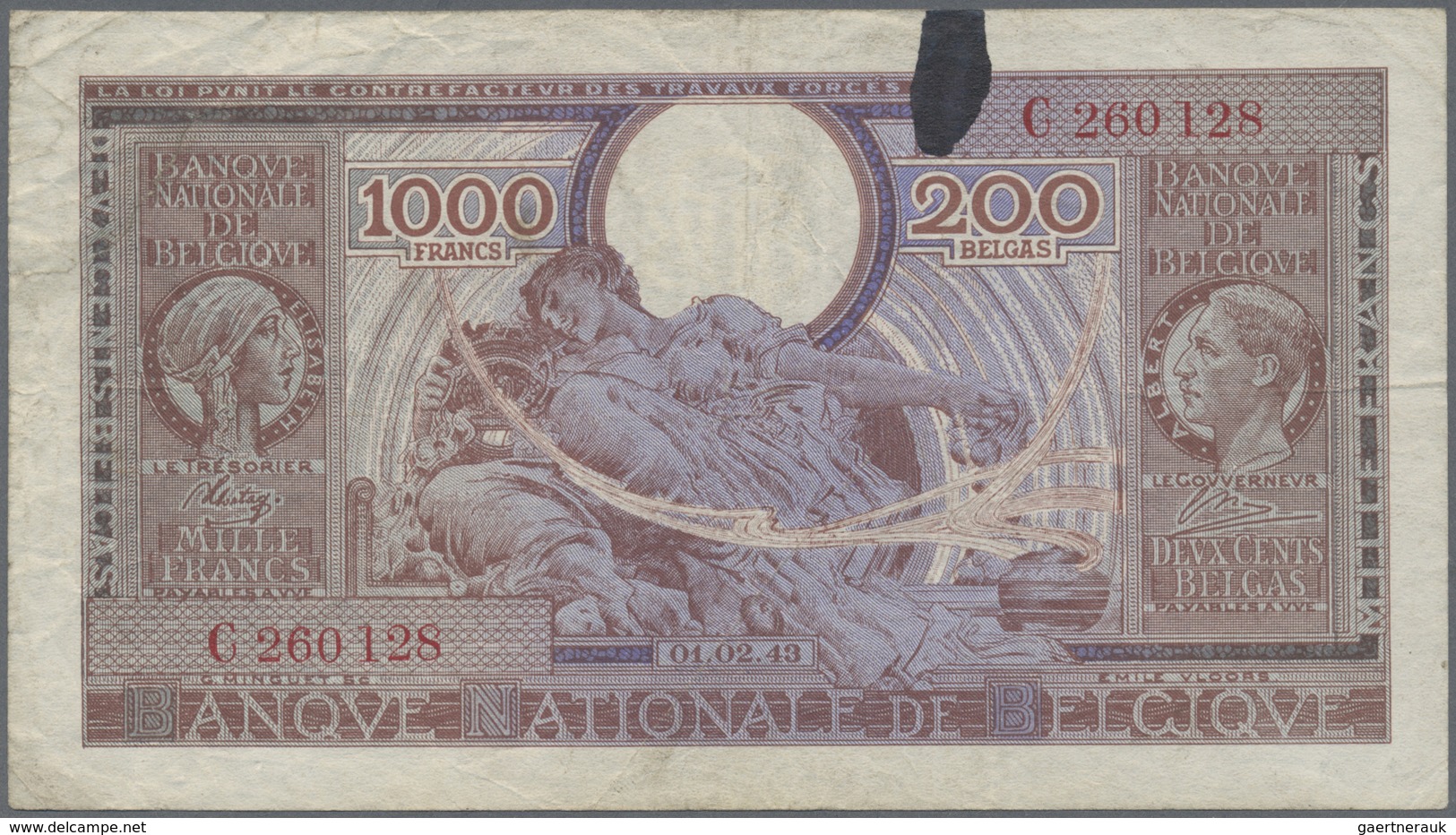 Belgium / Belgien: 1000 Francs = 200 Belgas 1943 P. 125, Used With Folds And Creases, An Ink Stain A - [ 1] …-1830 : Prima Dell'Indipendenza