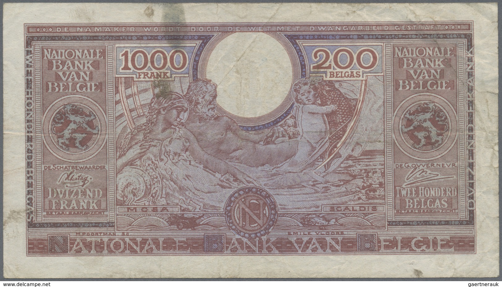 Belgium / Belgien: 1000 Francs = 200 Belgas 1943 P. 125, Used With Folds And Creases, An Ink Stain A - [ 1] …-1830 : Prima Dell'Indipendenza