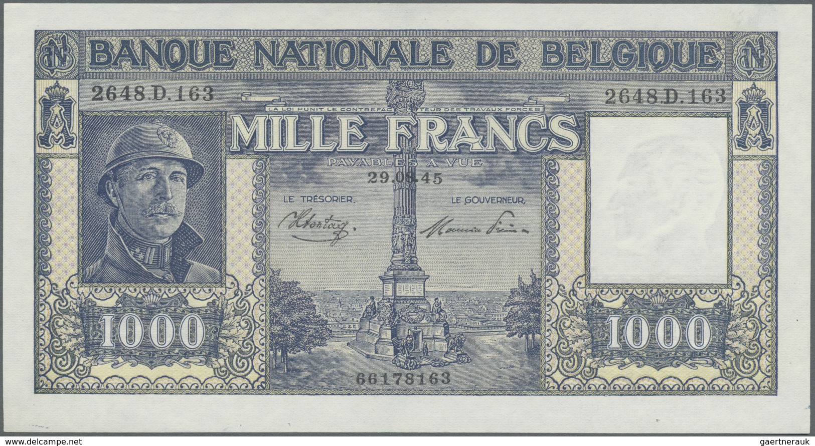 Belgium / Belgien: 1000 Francs 1945 P. 128b, In Condition: AUNC. - [ 1] …-1830 : Voor Onafhankelijkheid