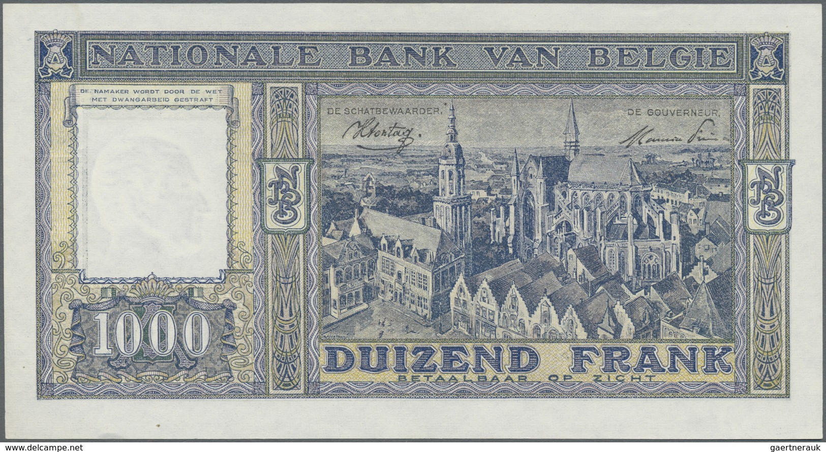 Belgium / Belgien: 1000 Francs 1945 P. 128b, In Condition: AUNC. - [ 1] …-1830 : Prima Dell'Indipendenza