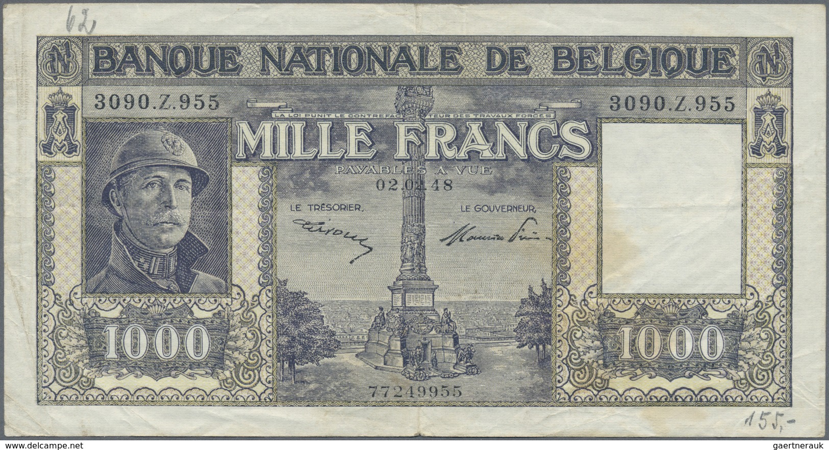 Belgium / Belgien: 1000 Francs 1948, P.128b With Signatures: Sontag & Frère, Lightly Stained Paper W - [ 1] …-1830 : Prima Dell'Indipendenza