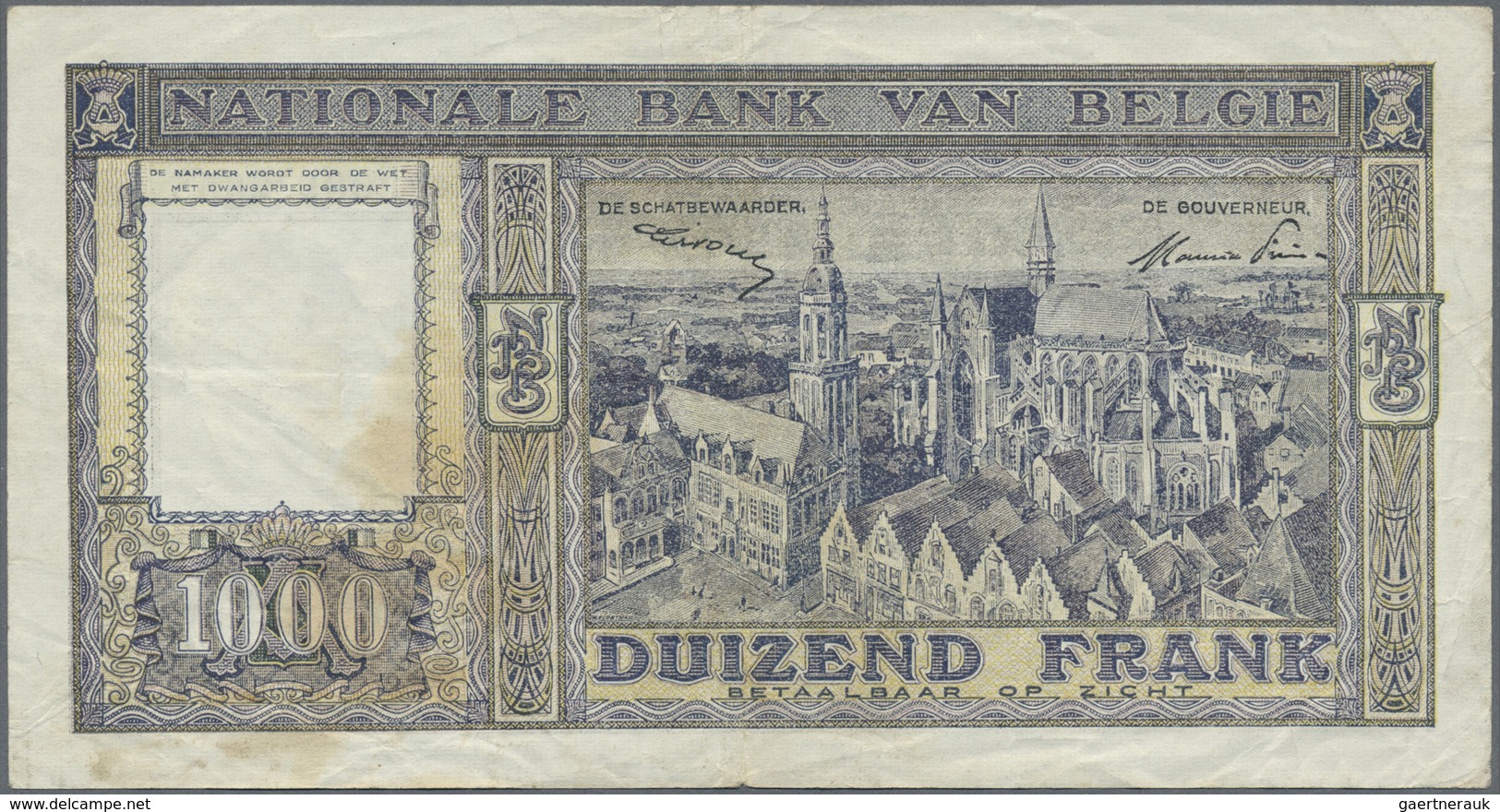 Belgium / Belgien: 1000 Francs 1948, P.128b With Signatures: Sontag & Frère, Lightly Stained Paper W - [ 1] …-1830 : Prima Dell'Indipendenza