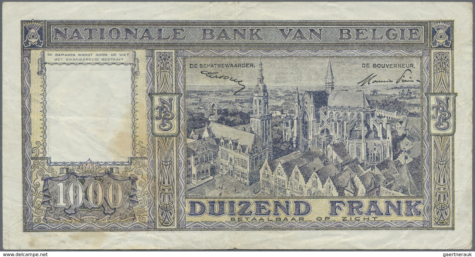 Belgium / Belgien: 1000 Francs 1948, P.128b With Signatures: Sontag & Frère, Lightly Stained Paper W - [ 1] …-1830 : Avant Indépendance