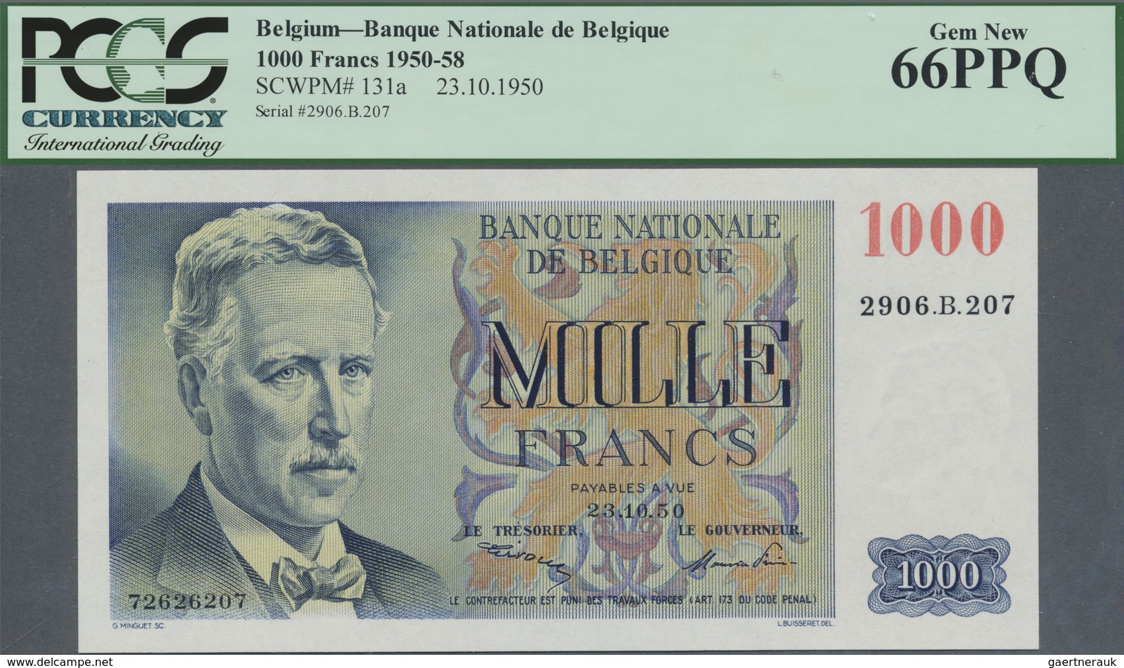 Belgium / Belgien: 1000 Francs 1950, P.131a In Perfect Condition, PCGS Graded 66 Gem New PPQ - [ 1] …-1830 : Avant Indépendance