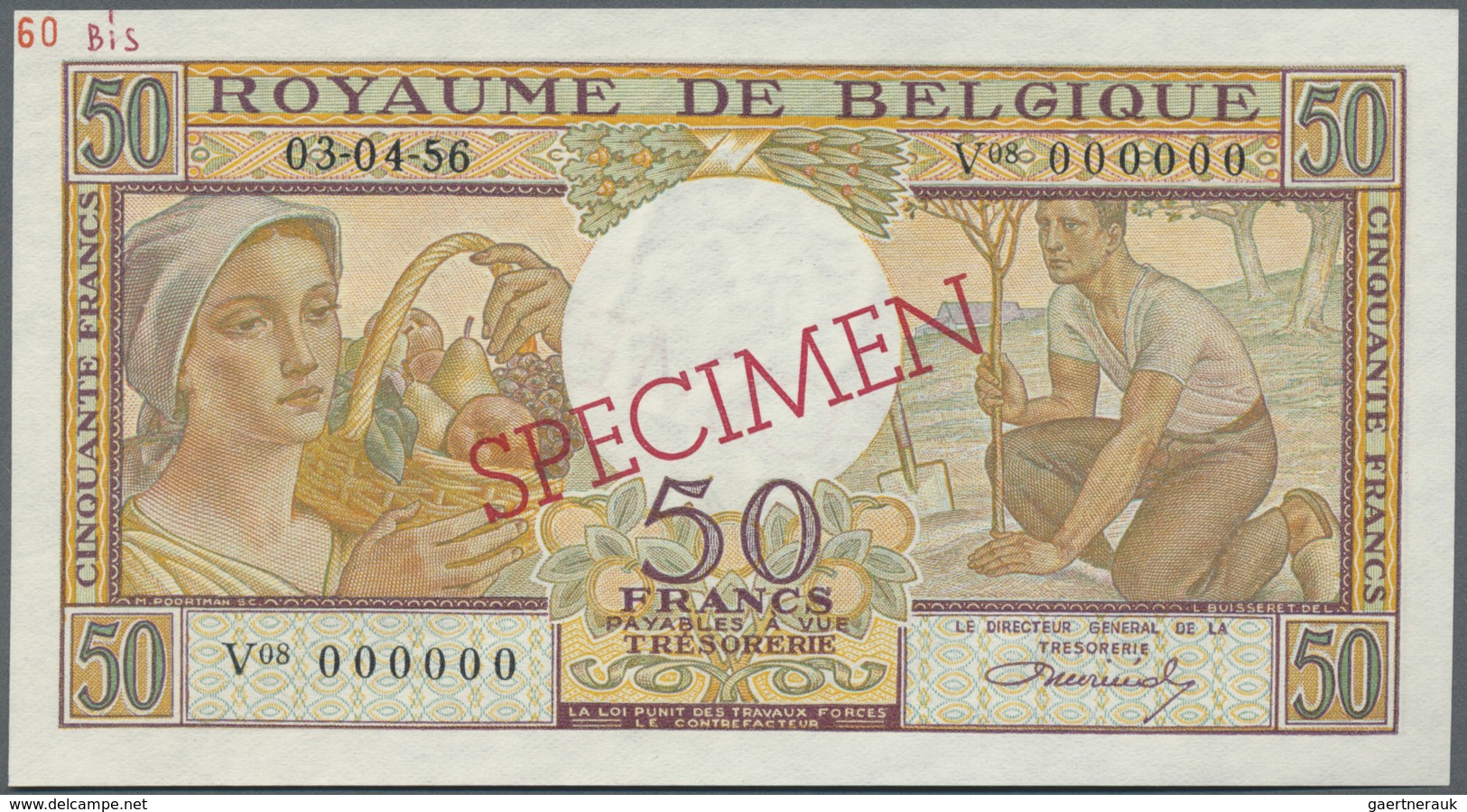 Belgium / Belgien: 50 Francs 1956 Specimen P. 133Bs, Zero Serial Numbers, Red Specimen Overprint, Li - [ 1] …-1830: Vor Der Unabhängigkeit