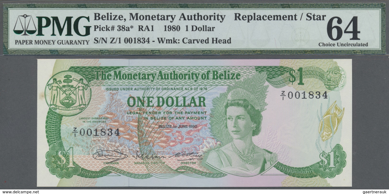 Belize: 1 Dollar 1980 Replacement Prefix Z/1 P. 38a*, Condition: PMG Graded 64 Choice UNC. - Belize