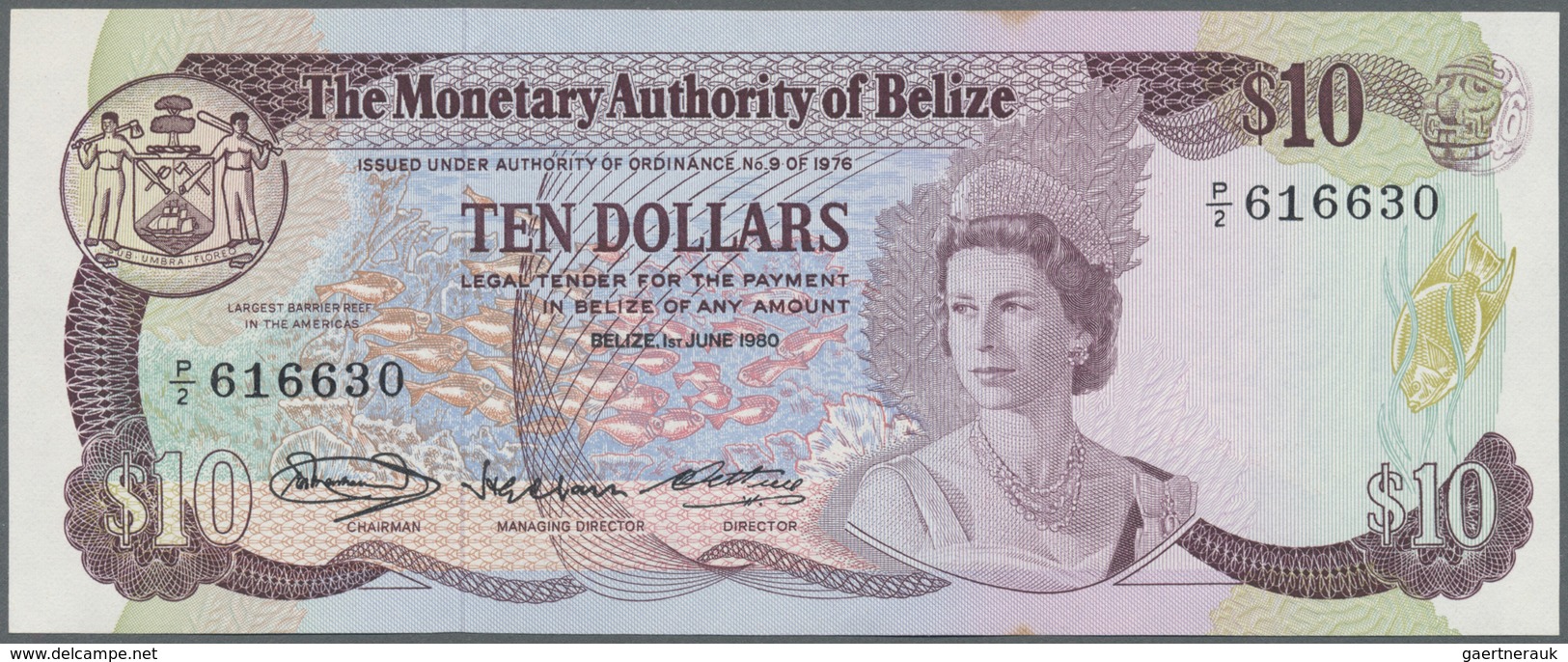 Belize: 10 Dollars 1980 P. 40, Crisp Original Condition With Only A Light Stain Dot At Upper Border, - Belize