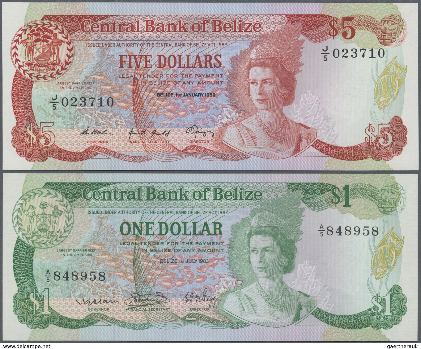 Belize: Pair With 1 Dollar 1983 P.43 And 5 Dollars 1989 P.47b In UNC (2 Pcs.) - Belize