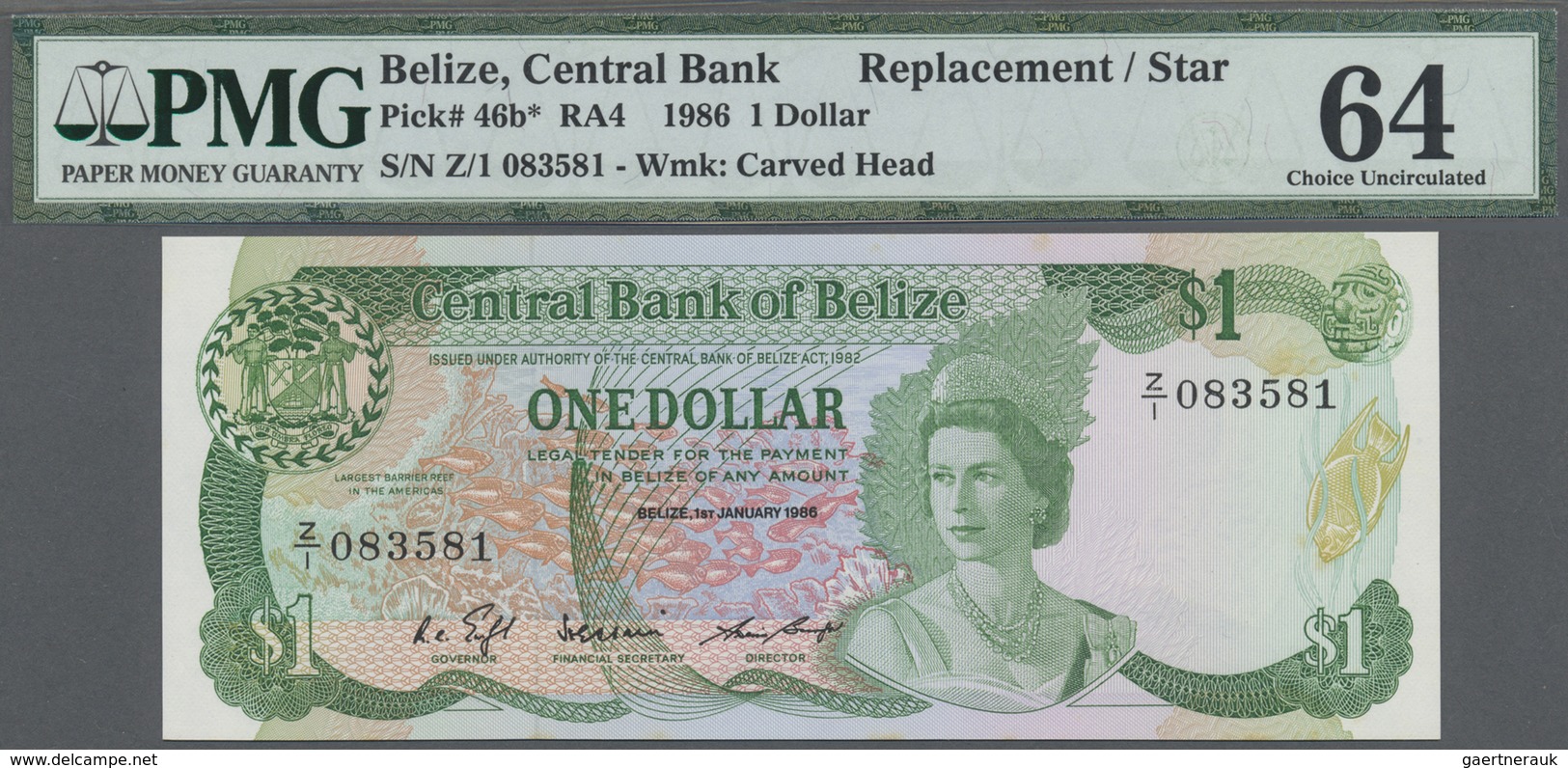 Belize: 1 Dollar 1986 Replacement Prefix Z/1 P. 46b*, Condition: PMG Graded 64 Choice UNC. - Belize