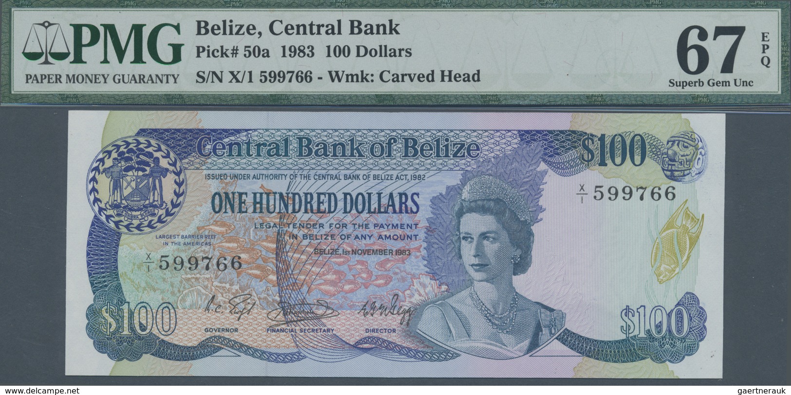 Belize: 100 Dollars 1983, P.50a, Highly Rare Note In Perfect Condition, PMG Graded 67 Superb Gem Unc - Belize