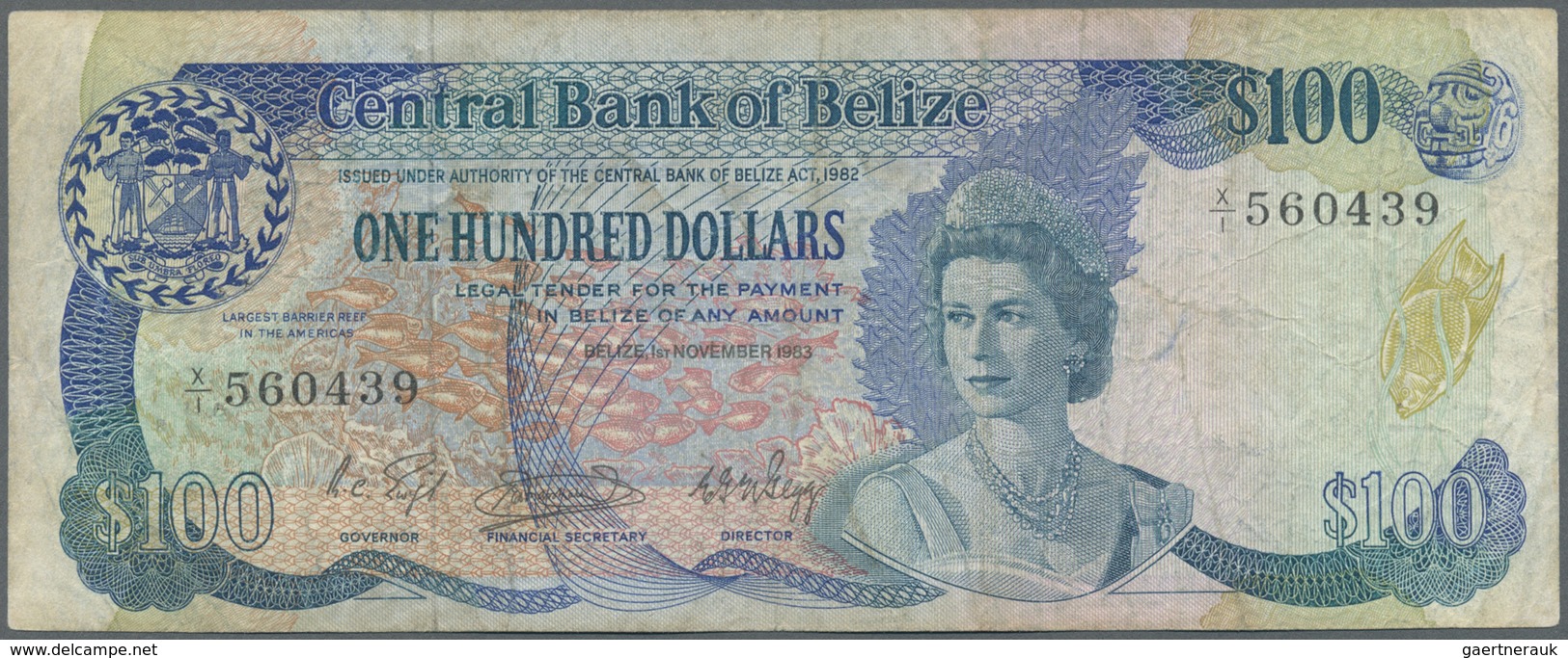 Belize: 100 Dollars 1983 P. 50a, Used With Folds And Creases, Staining In Paper But Without Tears, 2 - Belize