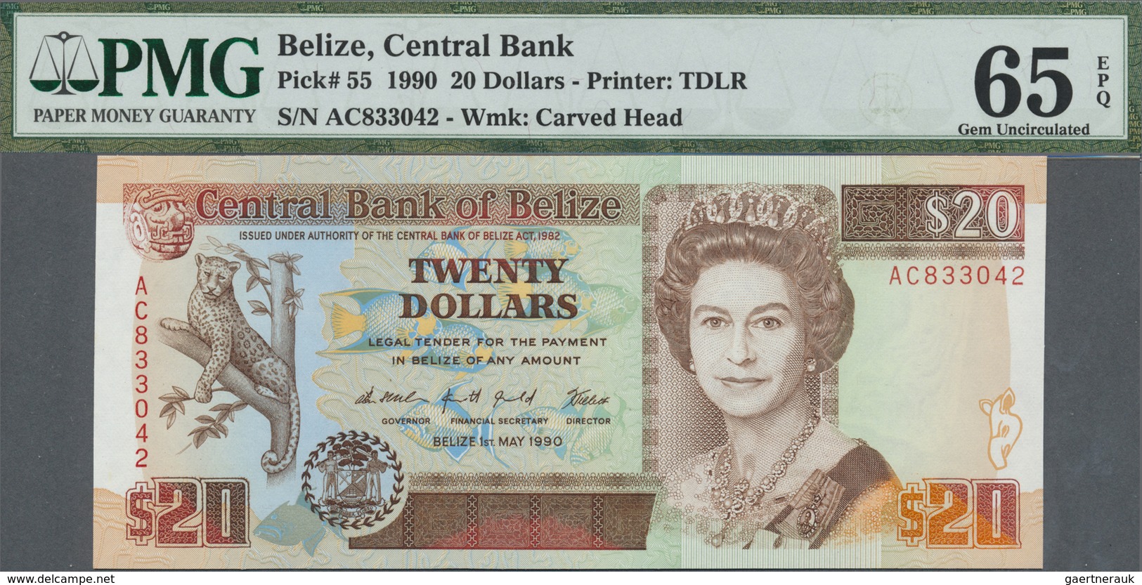 Belize: 20 Dollars 1990 P. 55, Condition: PMG Graded 65 Gem UNC EPQ. - Belize