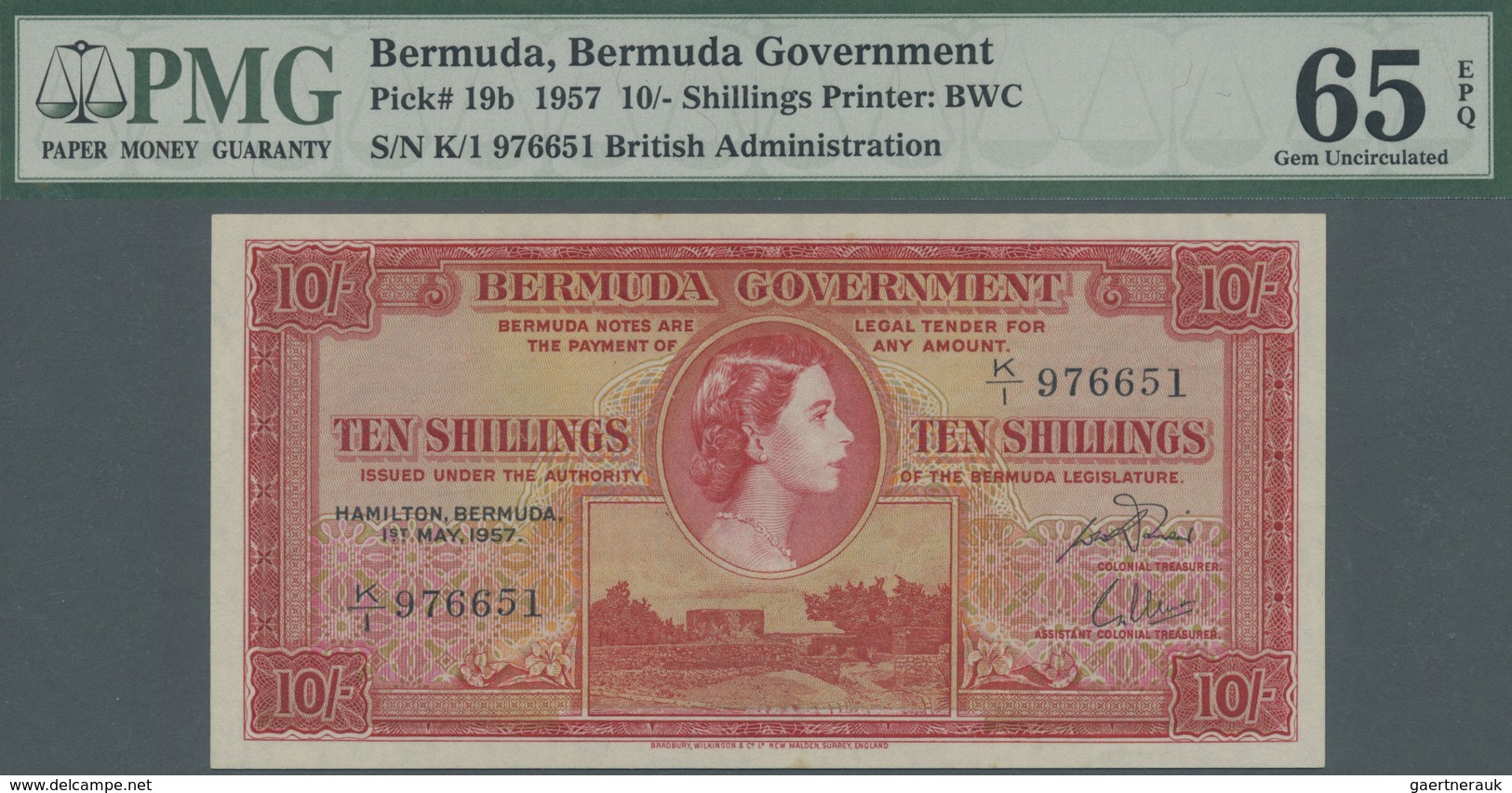 Bermuda: 10 Shillings 1957 P. 19b, Condition: PMG Graded 65 Gem UNC EPQ. - Bermude