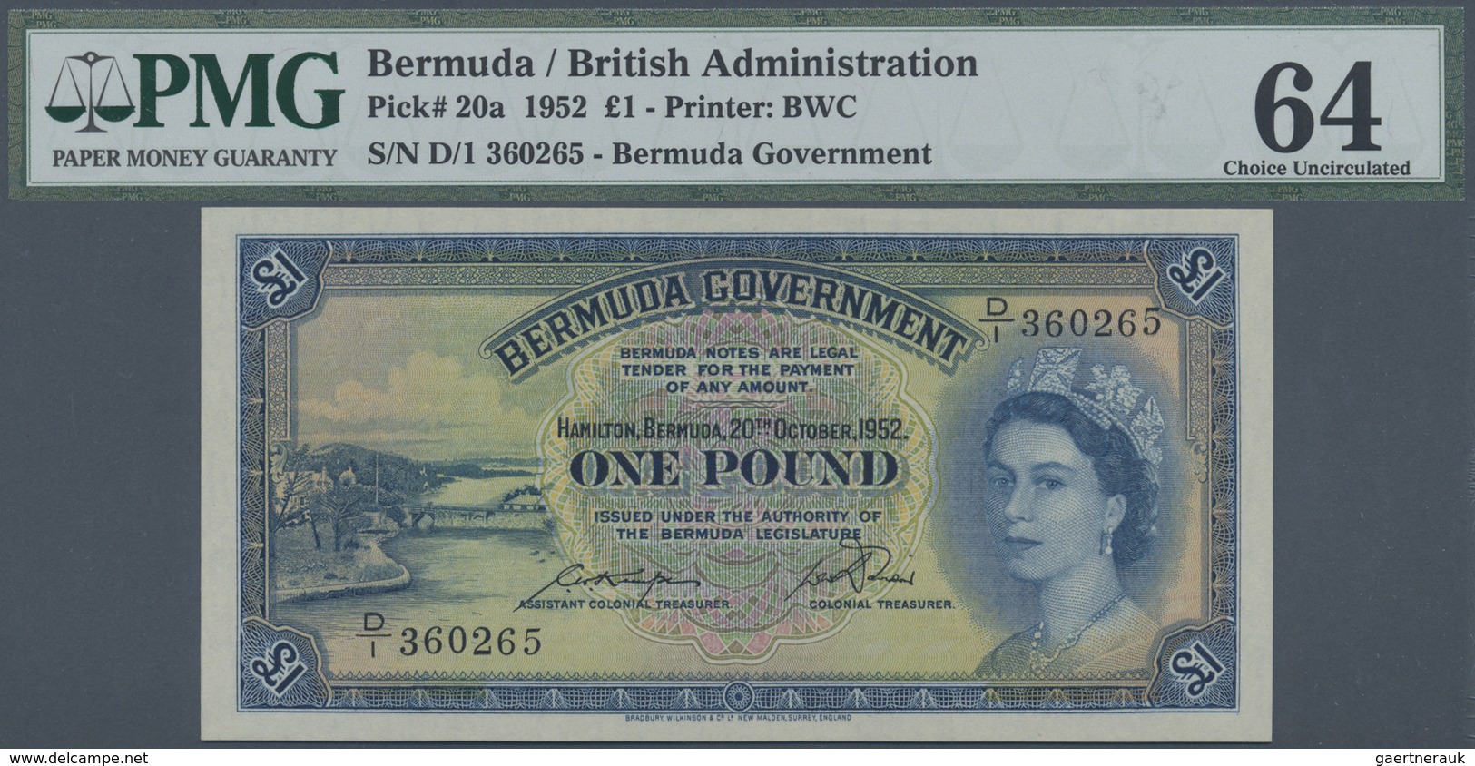 Bermuda: 1 Pound 1952 P. 20a, PMG Graded 64 Choice UNC. - Bermudes