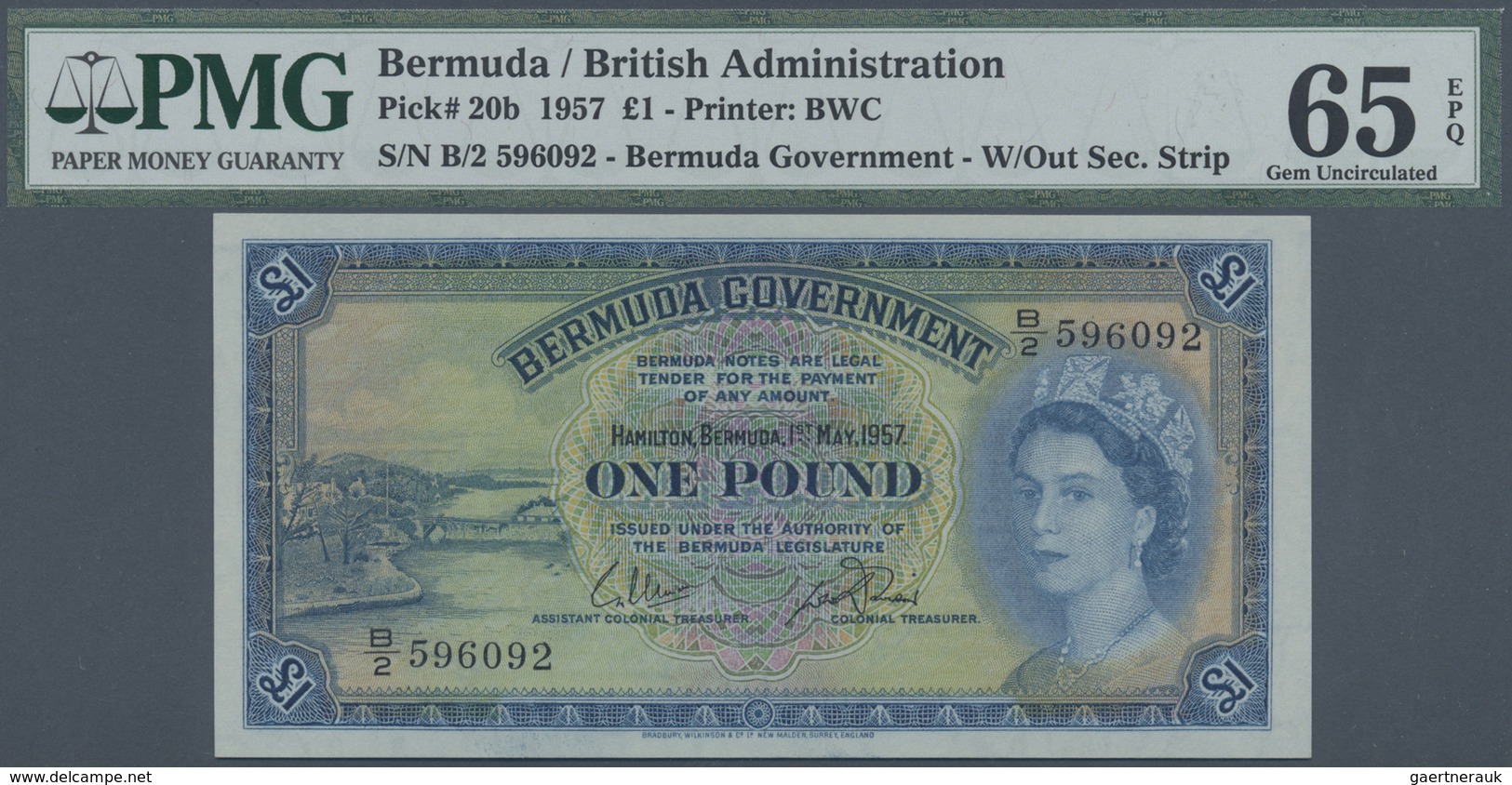 Bermuda: 1 Pound 1957 P. 20b, PMG Graded 65 Gem UNC EPQ. - Bermuda