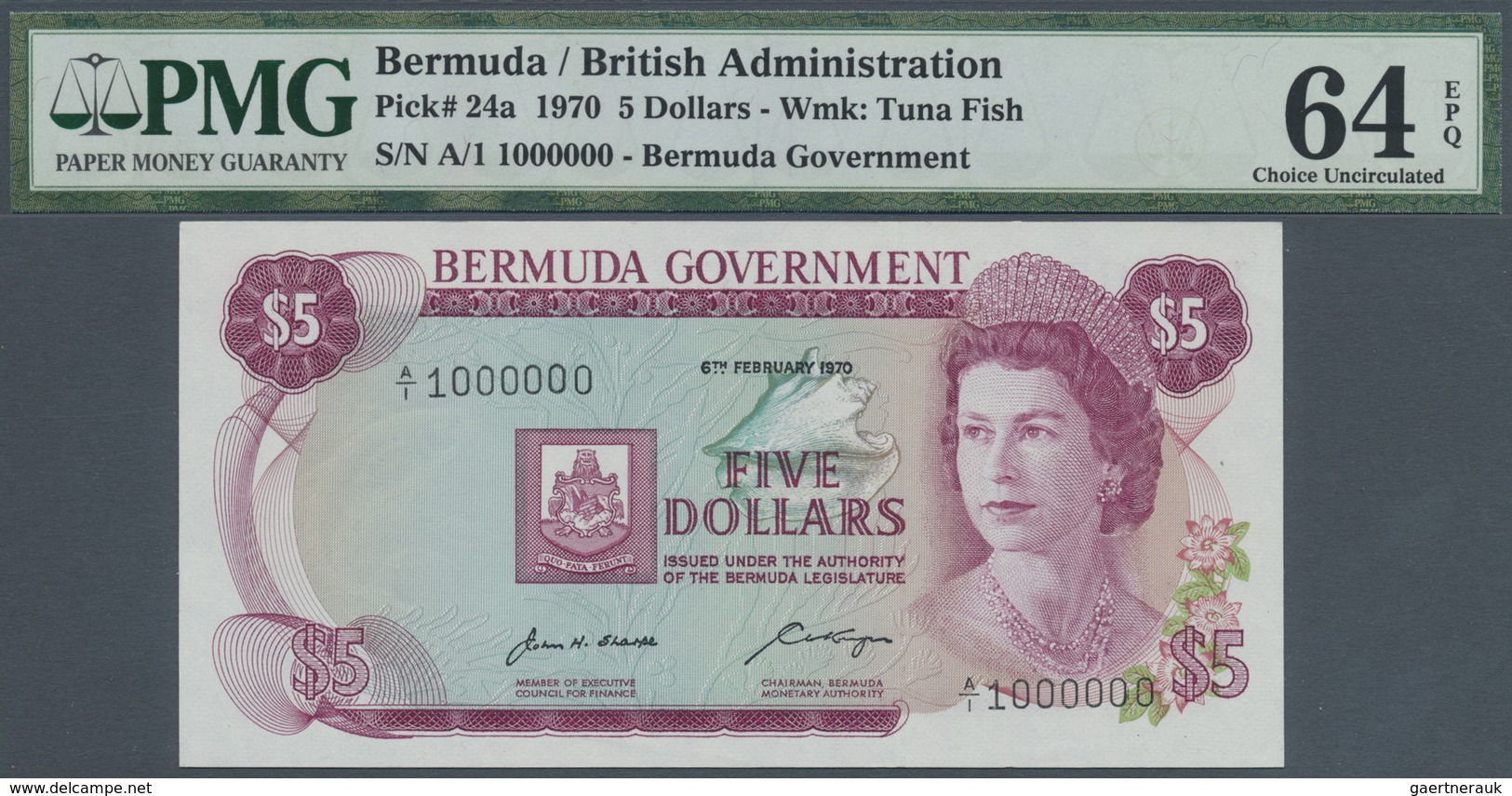 Bermuda: Pair Of 5 Dollars 1970 First Prefix Solid A/1 999999, A/1 1000000 , P.24a Very Rare PMG 64- - Bermuda