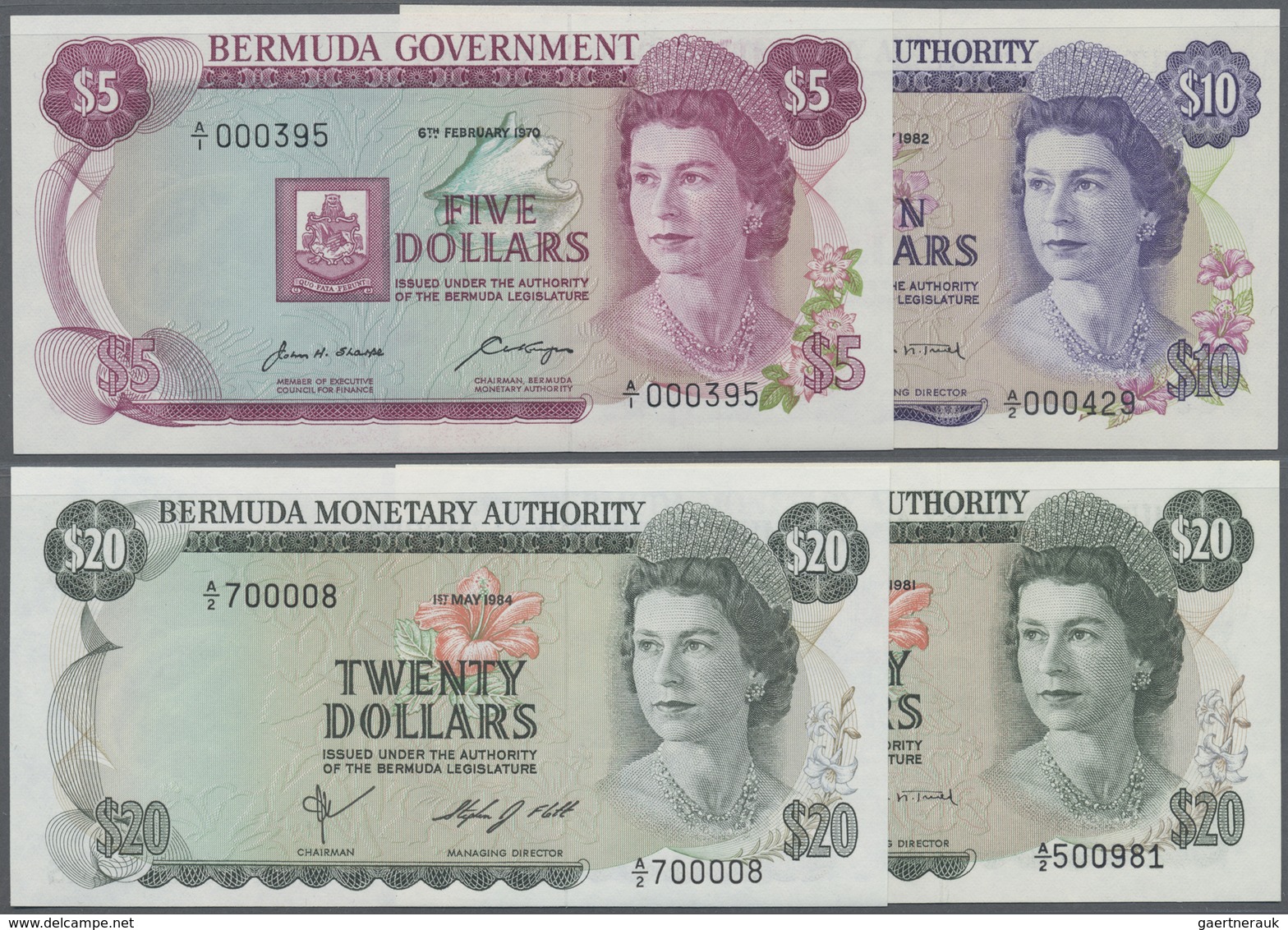 Bermuda: Set With 4 Banknotes 5 Dollars 1970 P.24, 10 Dollars 1982 P.30b And 20 Dollars 1981 And 198 - Bermude