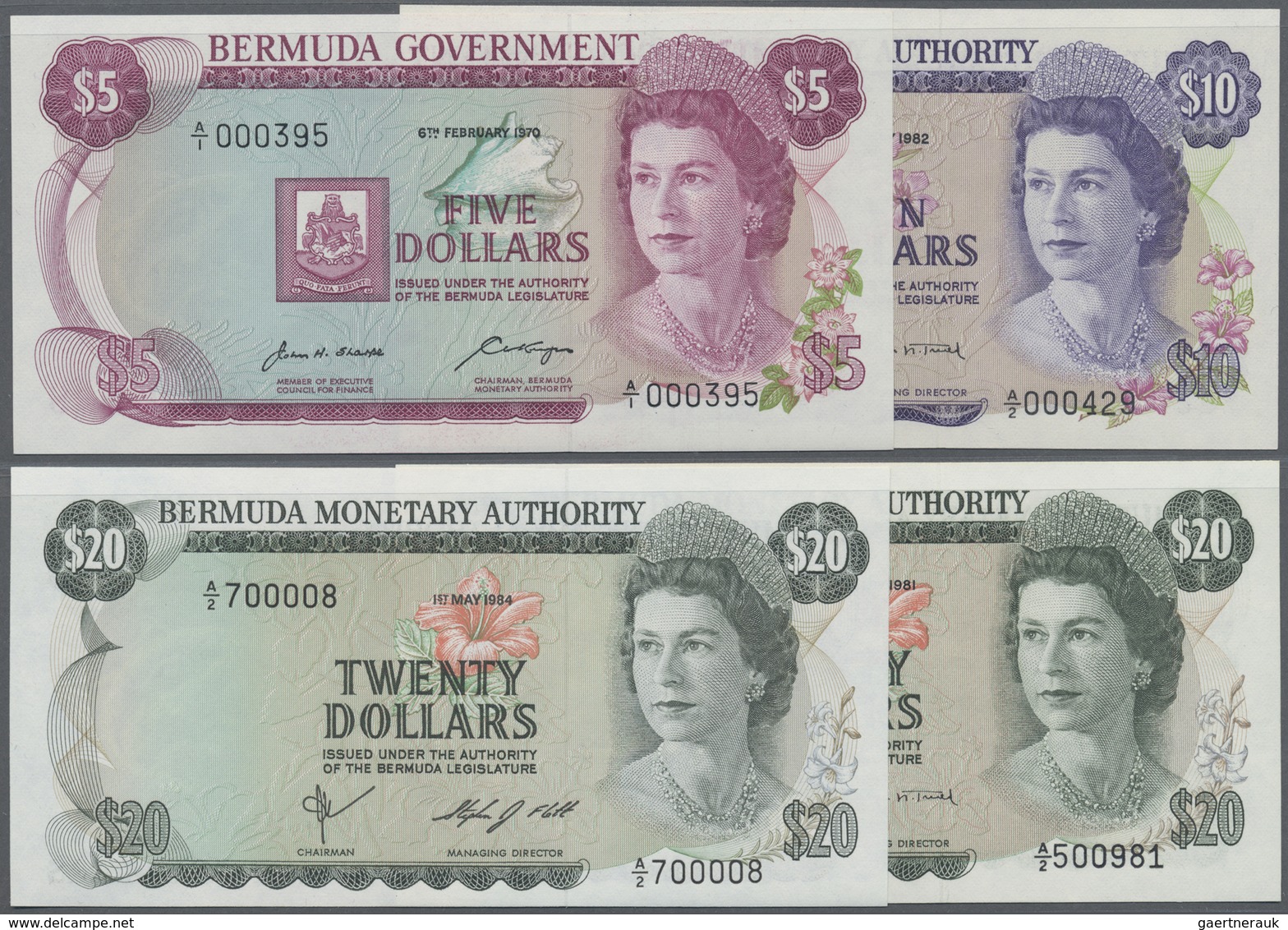 Bermuda: Set With 4 Banknotes 5 Dollars 1970 P.24, 10 Dollars 1982 P.30b And 20 Dollars 1981 And 198 - Bermudes