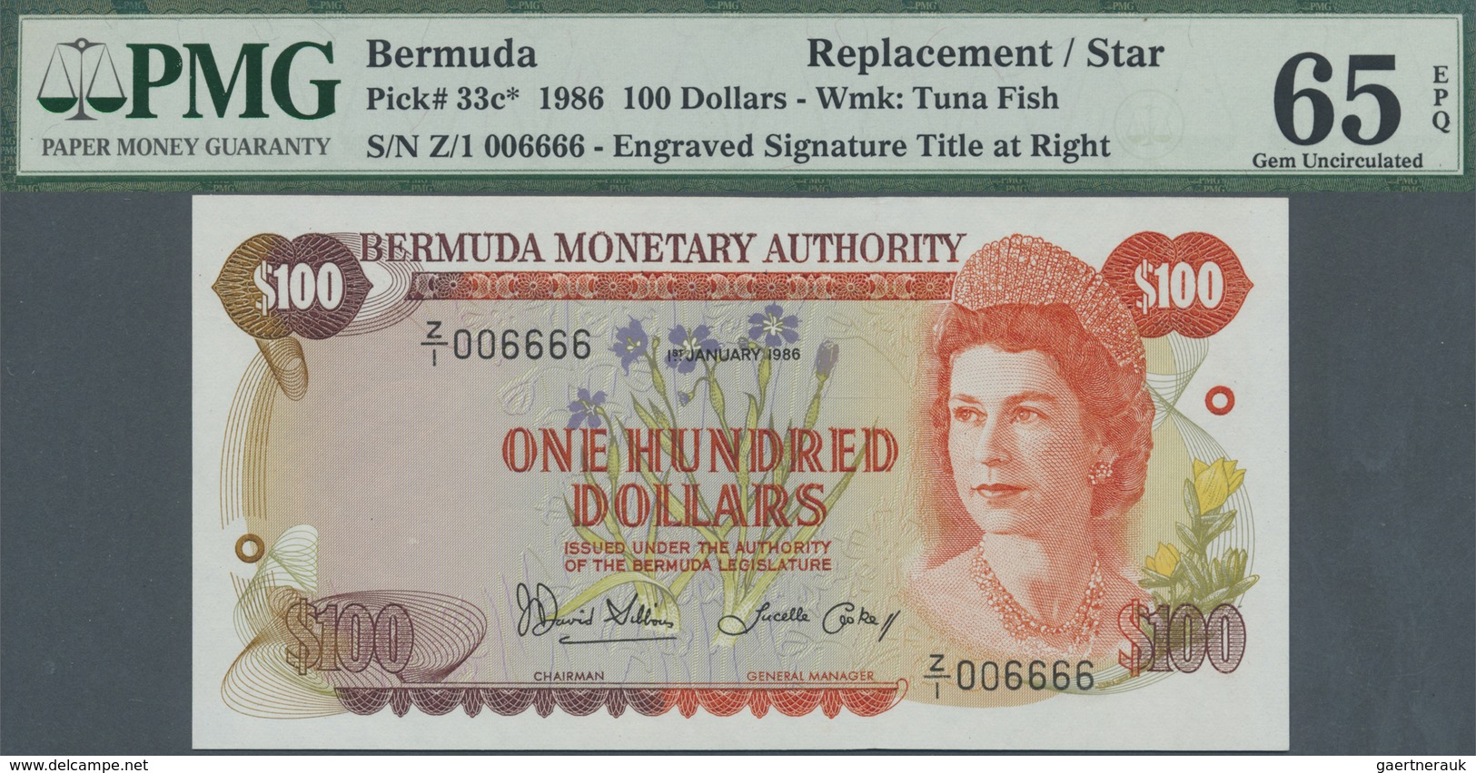 Bermuda: 100 Dollars 1986 Replacement Note, PMG Graded 65 Gem UNC EPQ. - Bermude