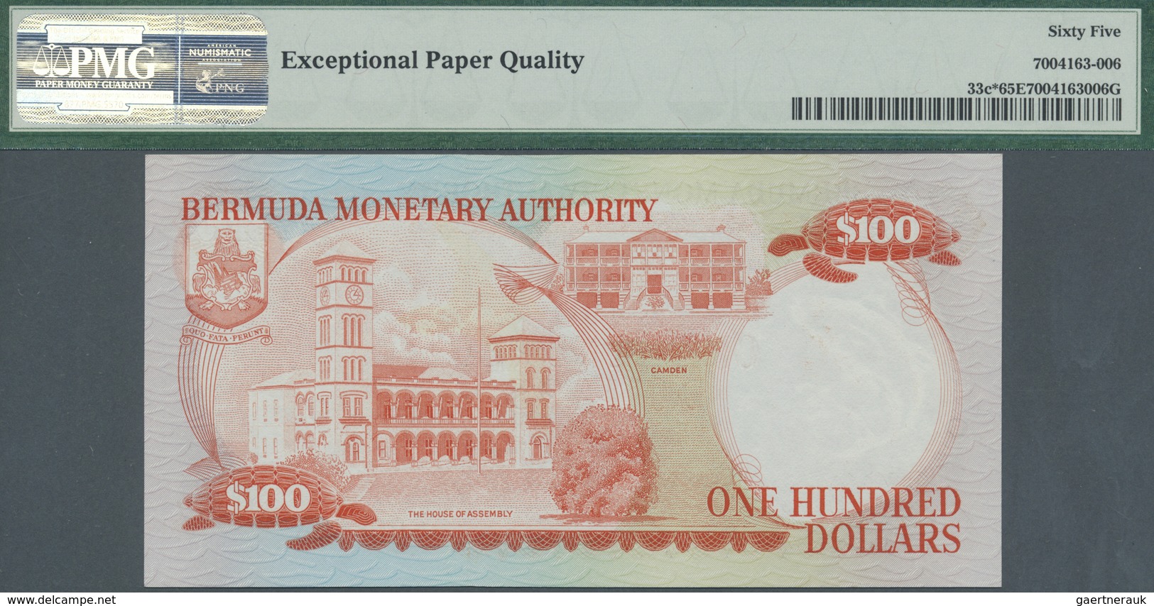 Bermuda: 100 Dollars 1986 Replacement Note, PMG Graded 65 Gem UNC EPQ. - Bermudas