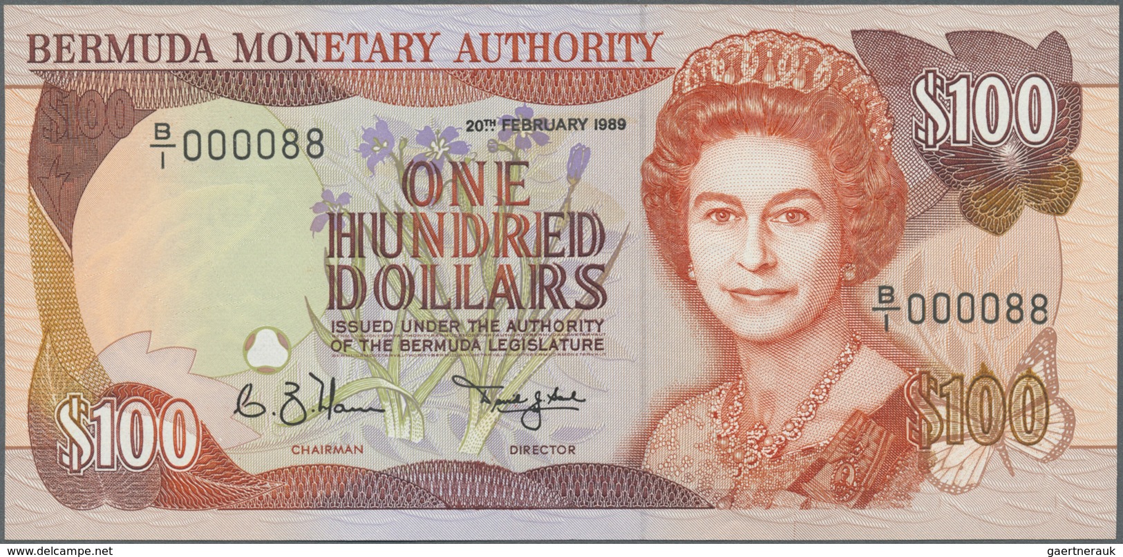 Bermuda: Rare CONSECUTIVE Paire Of 100 Dollars 1989 P. 39, With Low Serial Numbers #000087 & #000088 - Bermude