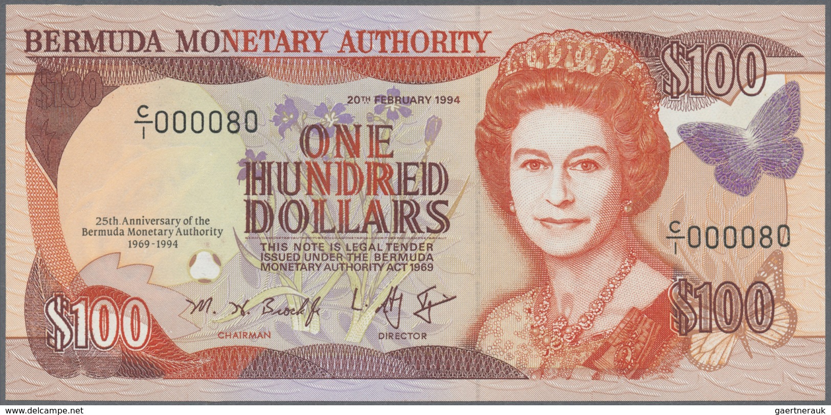 Bermuda: 100 Dollars 1994, P.46 25th Anniversary Commemorative $100 Low Serial Number C/1 00080 UNC - Bermude