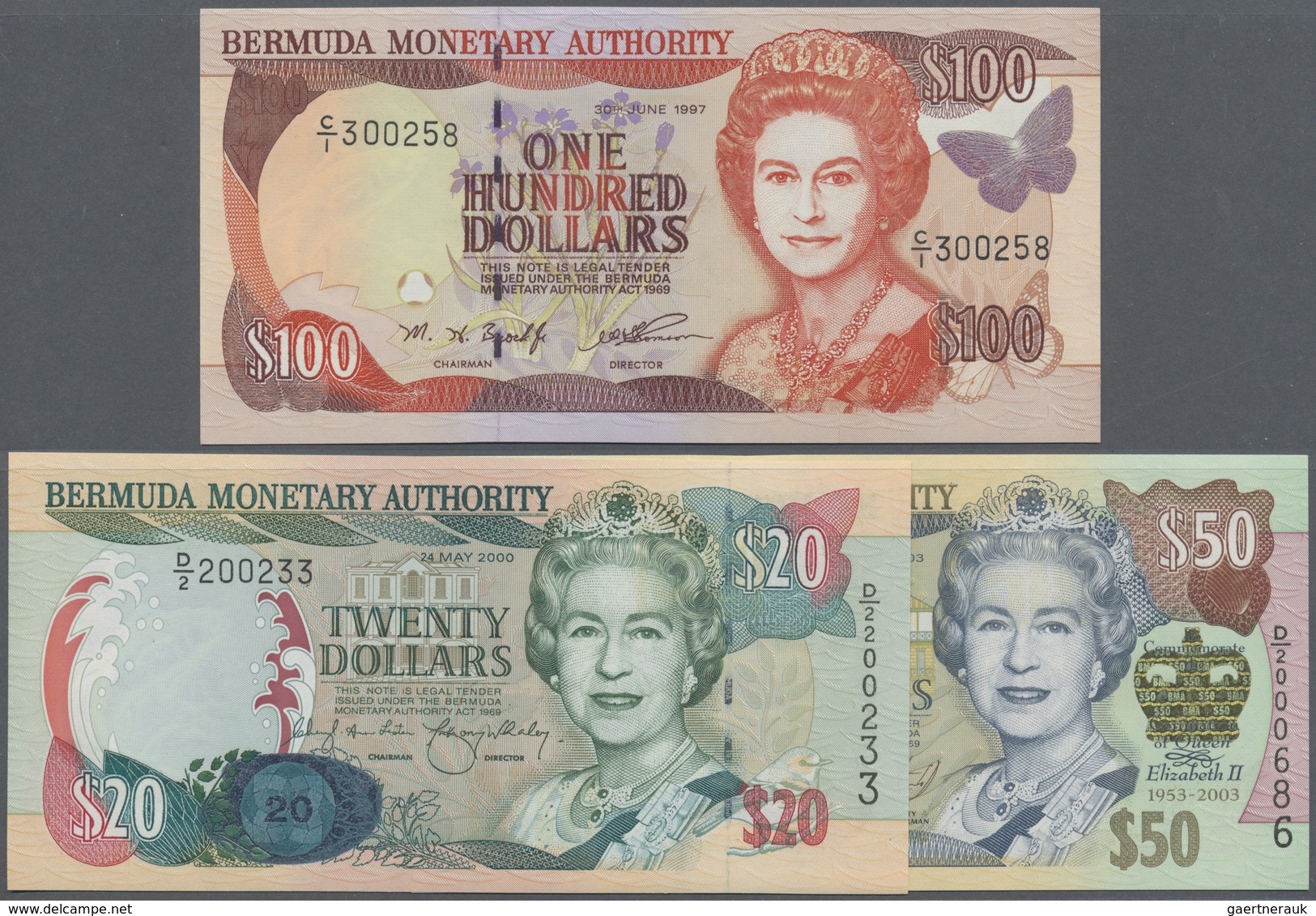 Bermuda: Set With 3 Banknotes 20 Dollars 2000 P.53, 50 Dollars 2003 P.56 And 100 Dollars 1997 P.49, - Bermuda