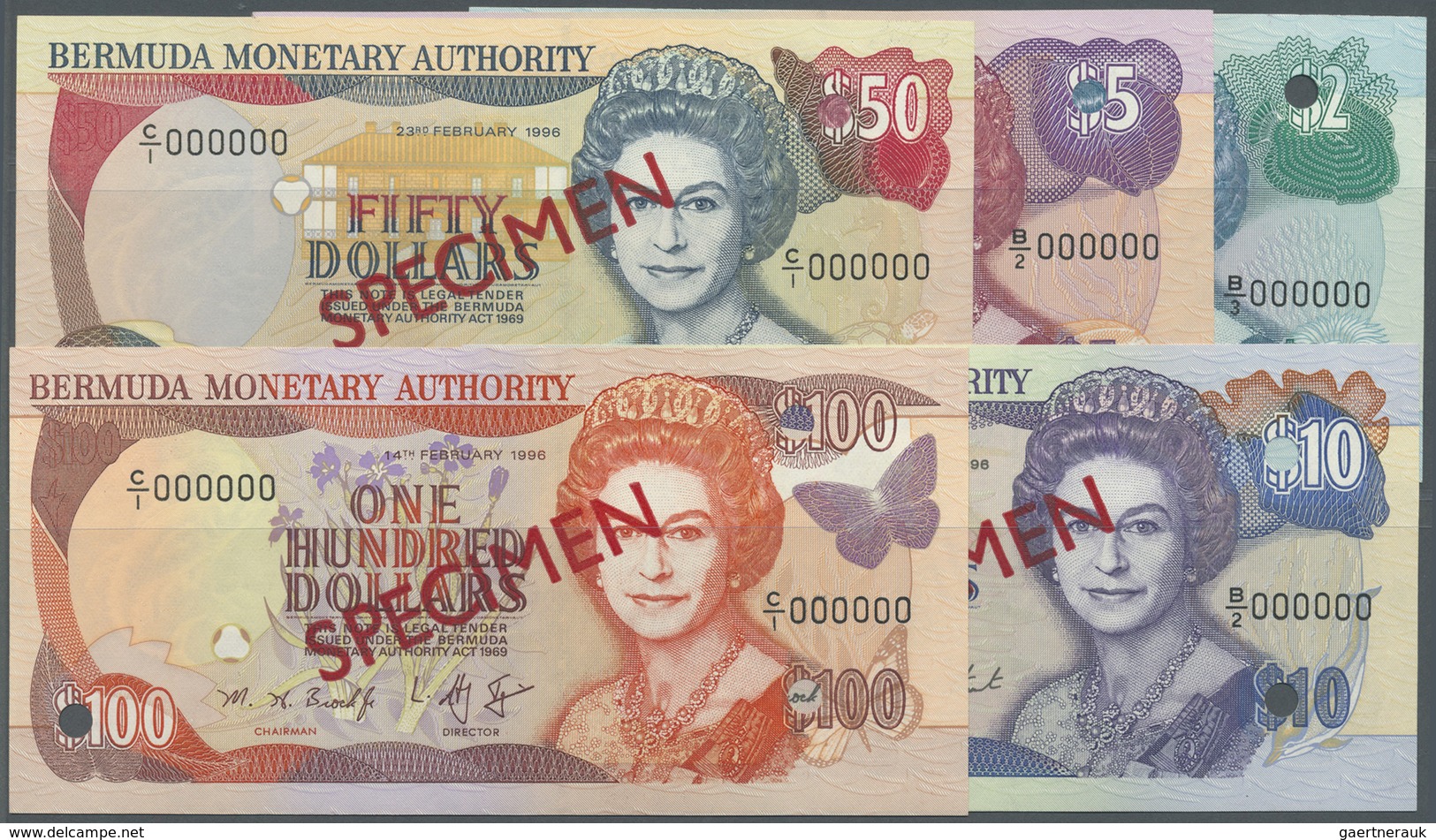 Bermuda: Set Of 5 Specimen Banknotes Containing 2, 5, 10, 50 And 100 Dollars All Dated 1996, All In - Bermudas