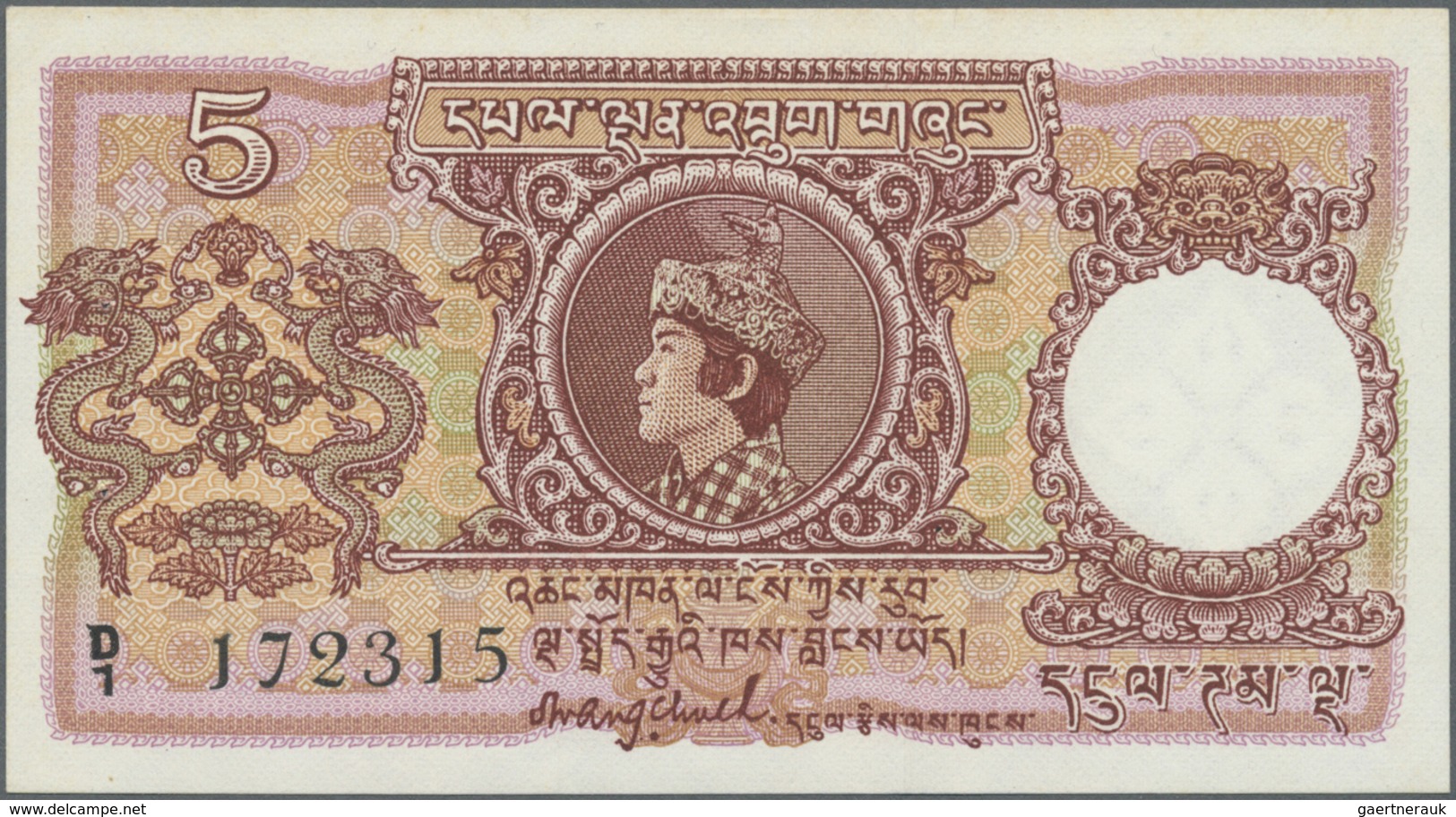 Bhutan: Very Rare 5 Ngultrum P. 2 Note With Only 2 Usual Pinholes, Otherwise: UNC. - Bhutan