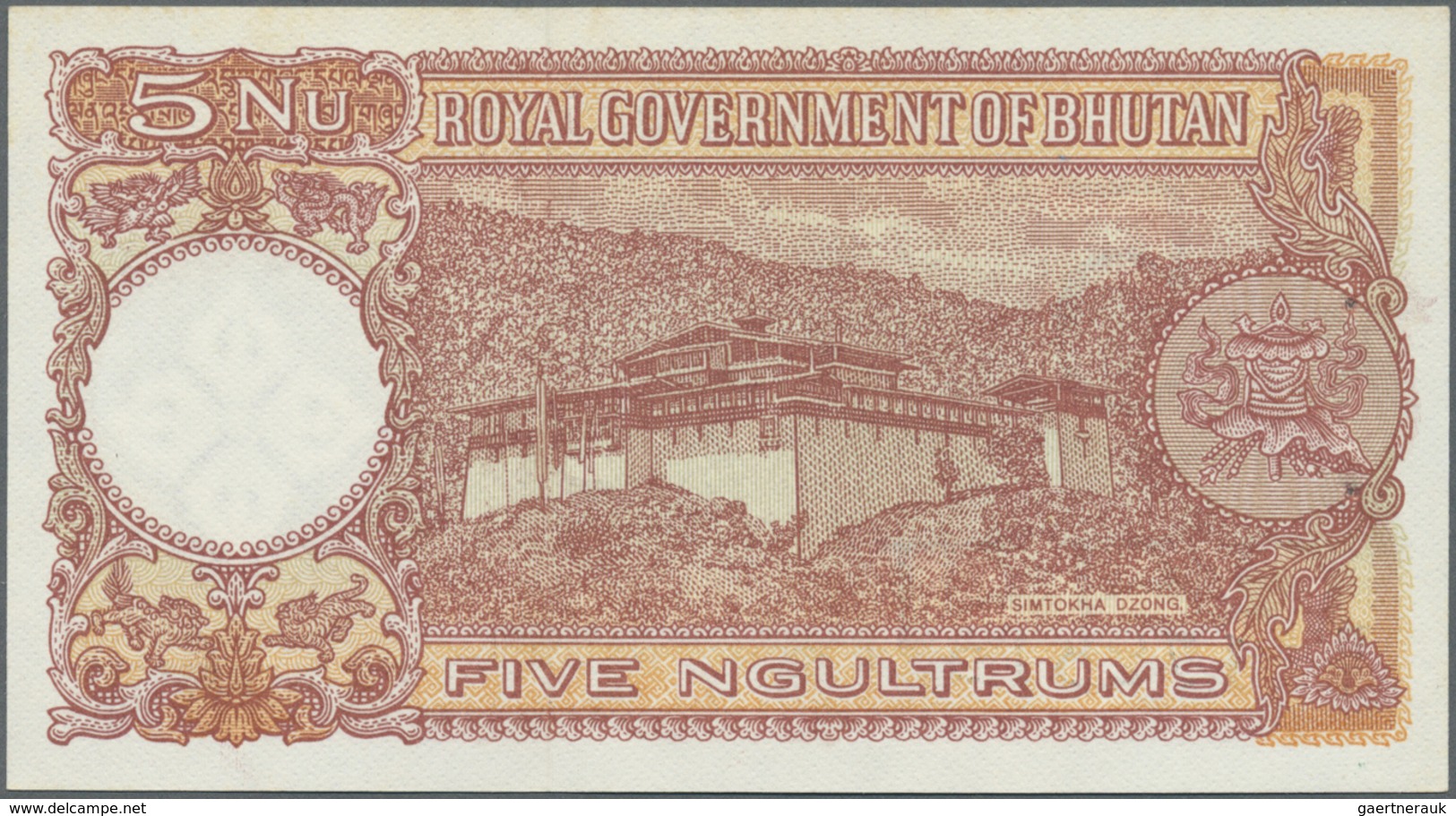 Bhutan: Very Rare 5 Ngultrum P. 2 Note With Only 2 Usual Pinholes, Otherwise: UNC. - Bhutan