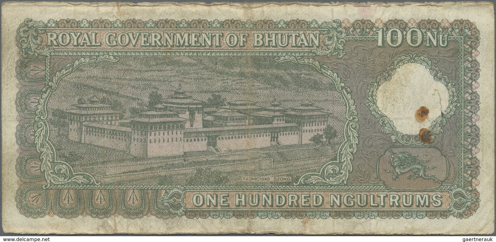 Bhutan: Highly Rare 100 Ngultrum P. 4 Note, Used With Folds And Creases, Stain In Paper, Pinholes, N - Bhoutan