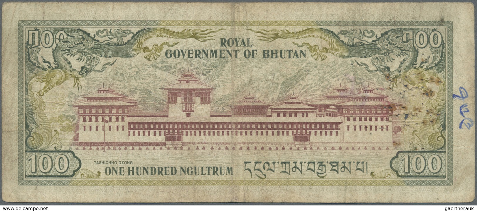 Bhutan: 100 Ngultrum ND P. 11, More Rarely Seen Note In Used Condition With Many Pinholes But Withou - Bhoutan