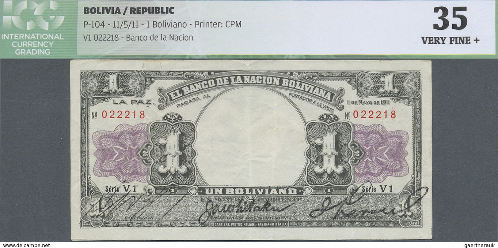 Bolivia / Bolivien: 1 Boliviano 1911 P. 104, ICG Graded 35 Very Fine +. - Bolivia