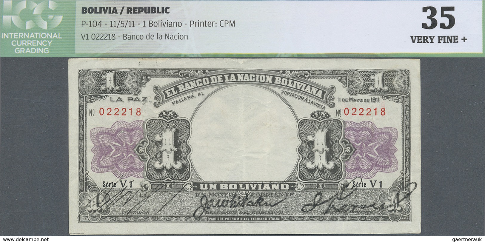 Bolivia / Bolivien: 1 Boliviano 1911 P. 104, ICG Graded 35 Very Fine +. - Bolivie