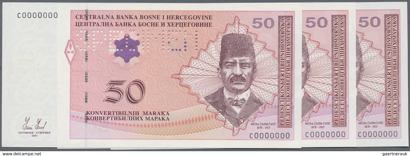 Bosnia & Herzegovina / Bosnien & Herzegovina: Set Of 3 Pcs 50 Maraka 2007 Specimen P. 76s With Zero - Bosnia Erzegovina