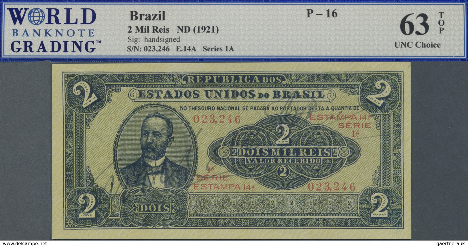 Brazil / Brasilien: 2 Mil Reis ND(1921) P. 16, WBG Graded 63 Choice UNC TOP. - Brazil