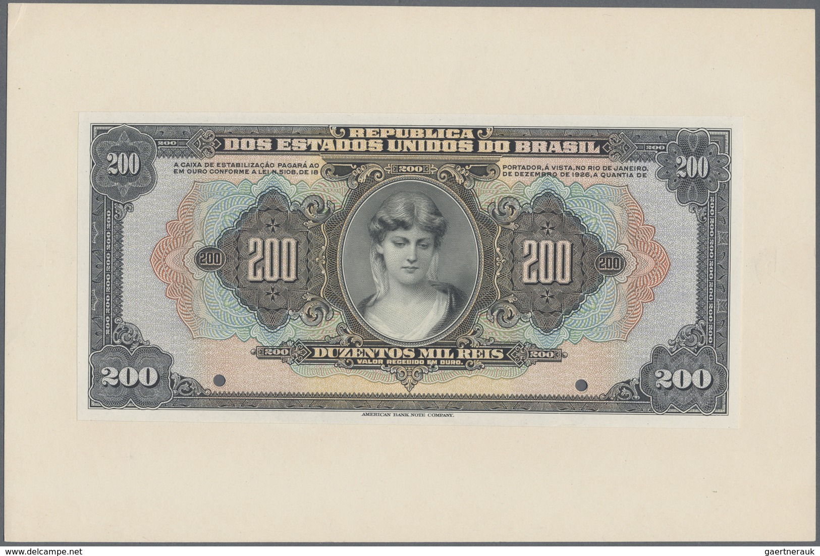 Brazil / Brasilien: Uniface Proof Print Of The Front Side On Card Of 200 Mil Reis ND P. 107p In Cond - Brazil