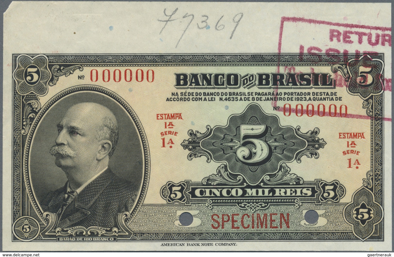 Brazil / Brasilien: 5 Mil Reis 1923 Specimen P. 112s, Light Handling In Paper, Condition: XF+. - Brazil