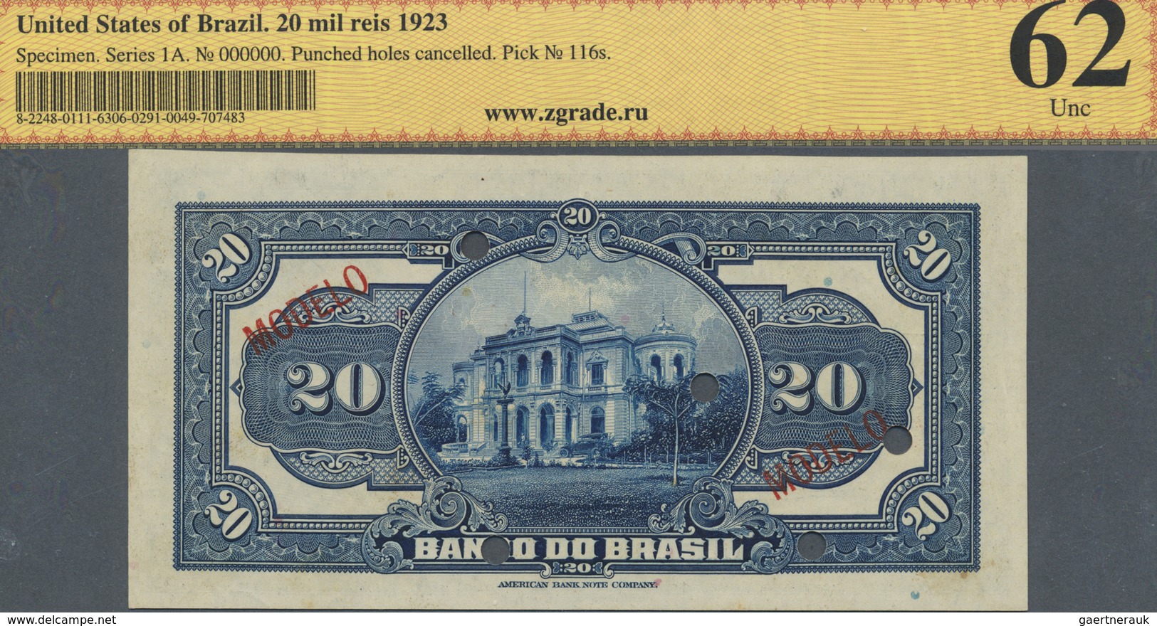 Brazil / Brasilien: Banco Do Brasil 20 Mil Reis 1923 SPECIMEN, P.116s, Almost Perfect Condition With - Brazil