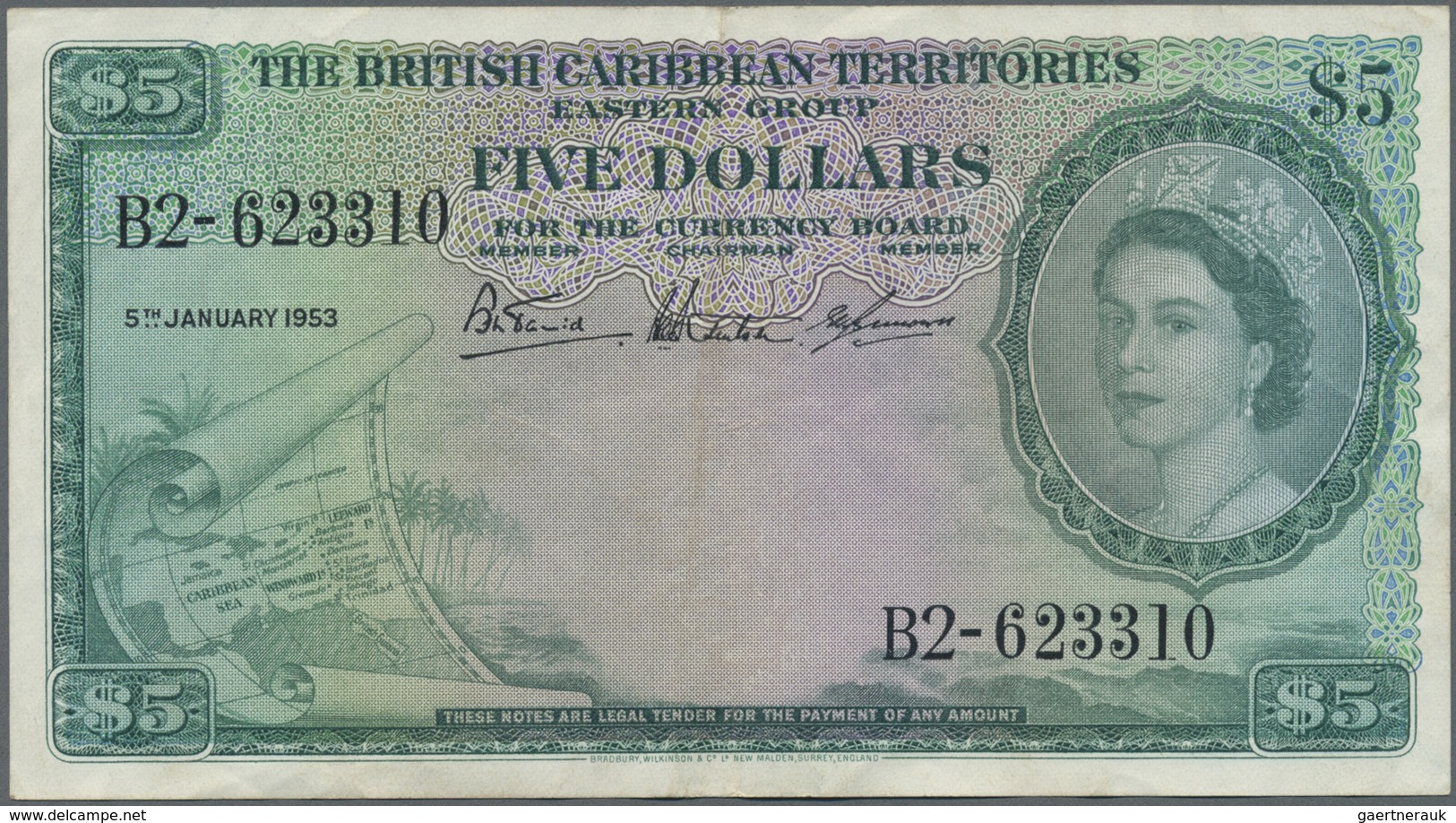 British Caribbean Territories: 5 Dollars 1953, P.9a, Very Nice Condition With Crisp Paper, Verticall - Other - America