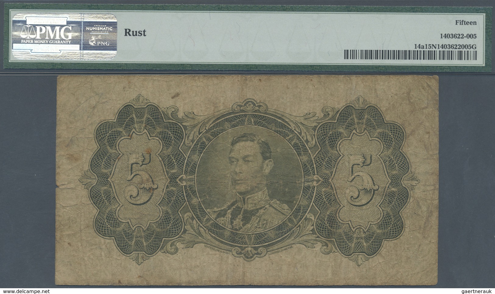 British Guiana / Britisch Guayana: 5 Dollars 1938 P. 14a, Rare Note, PMG Graded 15 Choice Fine Net. - Guyana