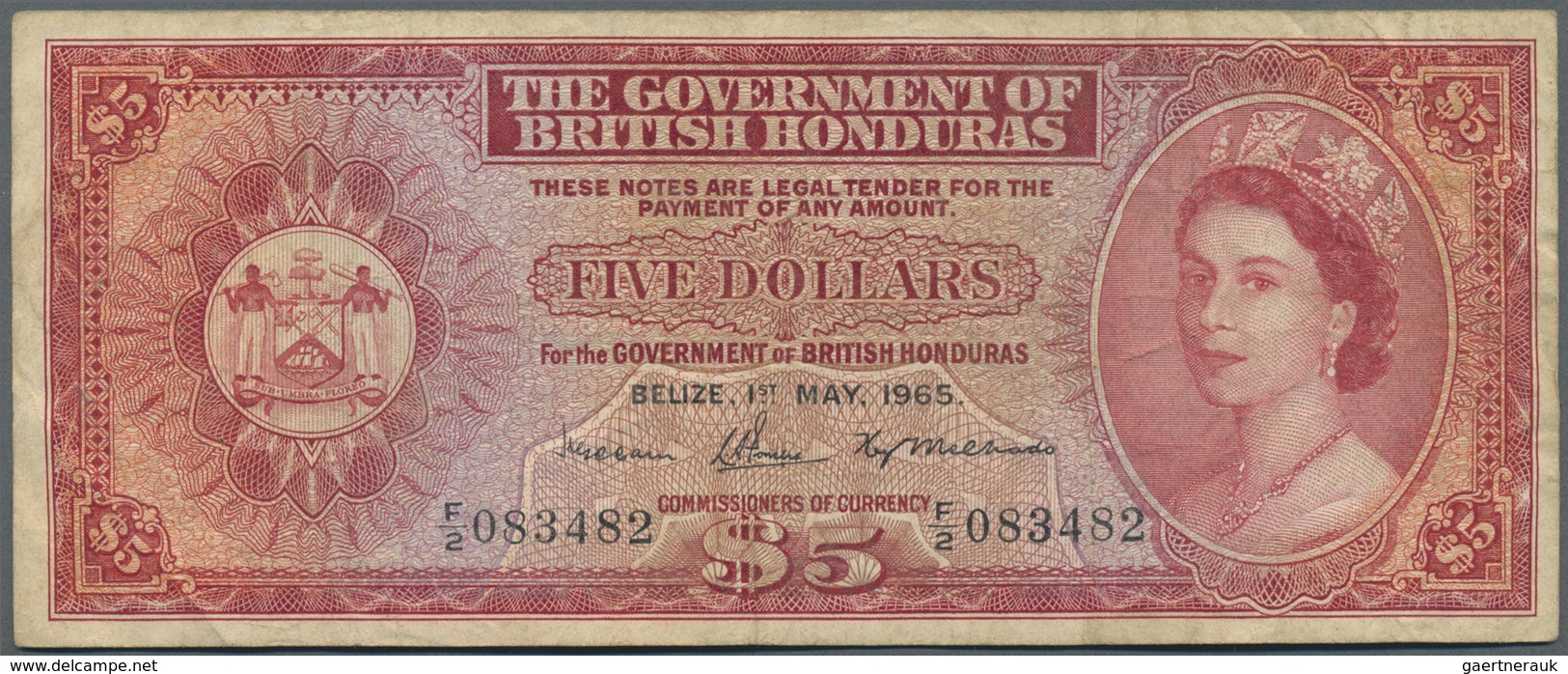 British Honduras: 5 Dollars 1965 P. 30b, Used With Folds And Creases, Stamped On Back, No Tears, 2 P - Honduras