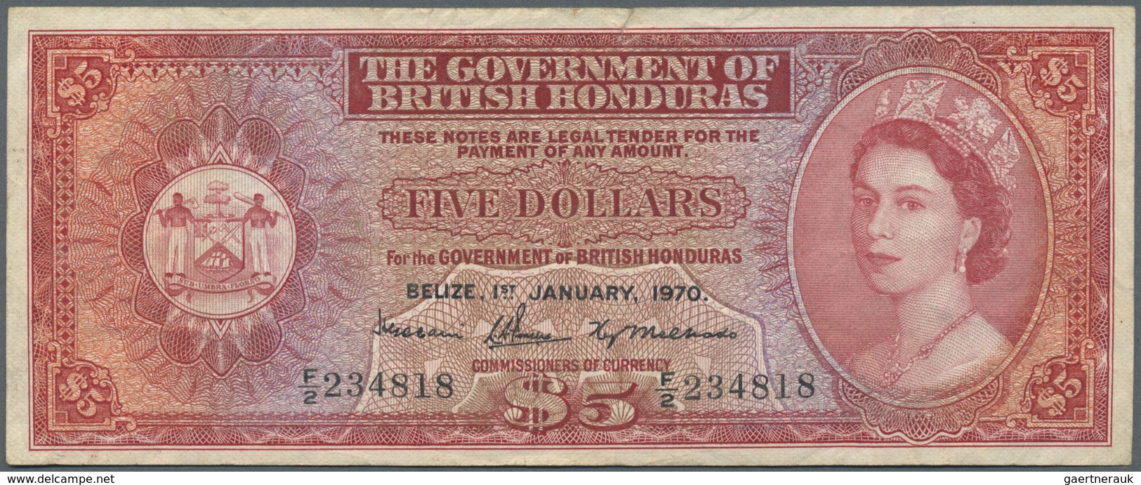 British Honduras: 5 Dollars 1970 P. 30c, Used With Folds And Creases, One 0,5 Cm Border Tear At Uppe - Honduras