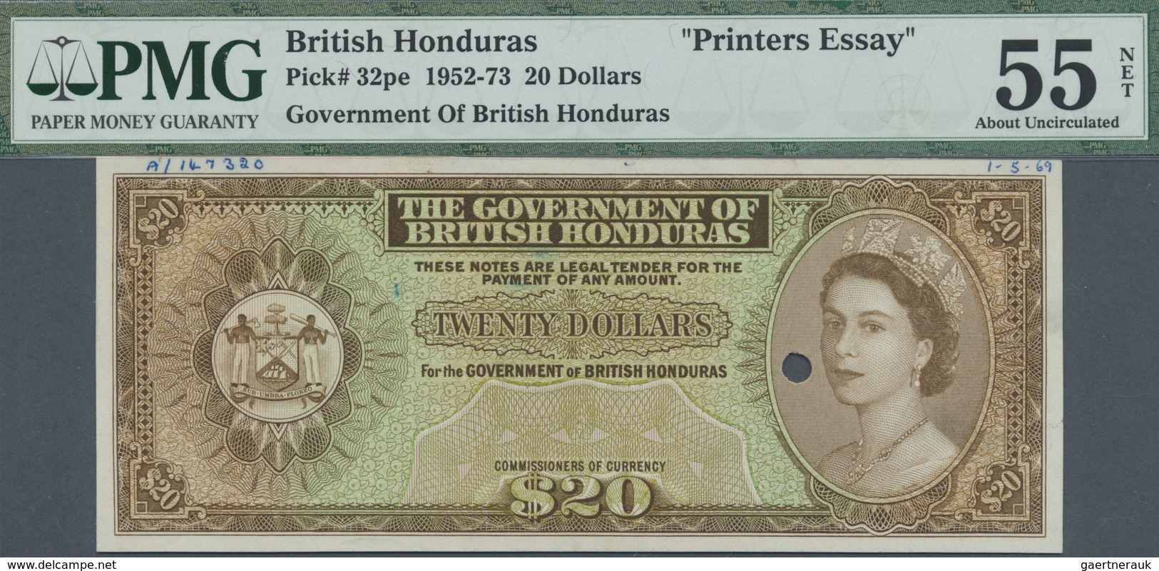 British Honduras: 20 Dollars ND(1952-73) Proof P. 32pe, PMG Graded 55 AUNC NET. - Honduras
