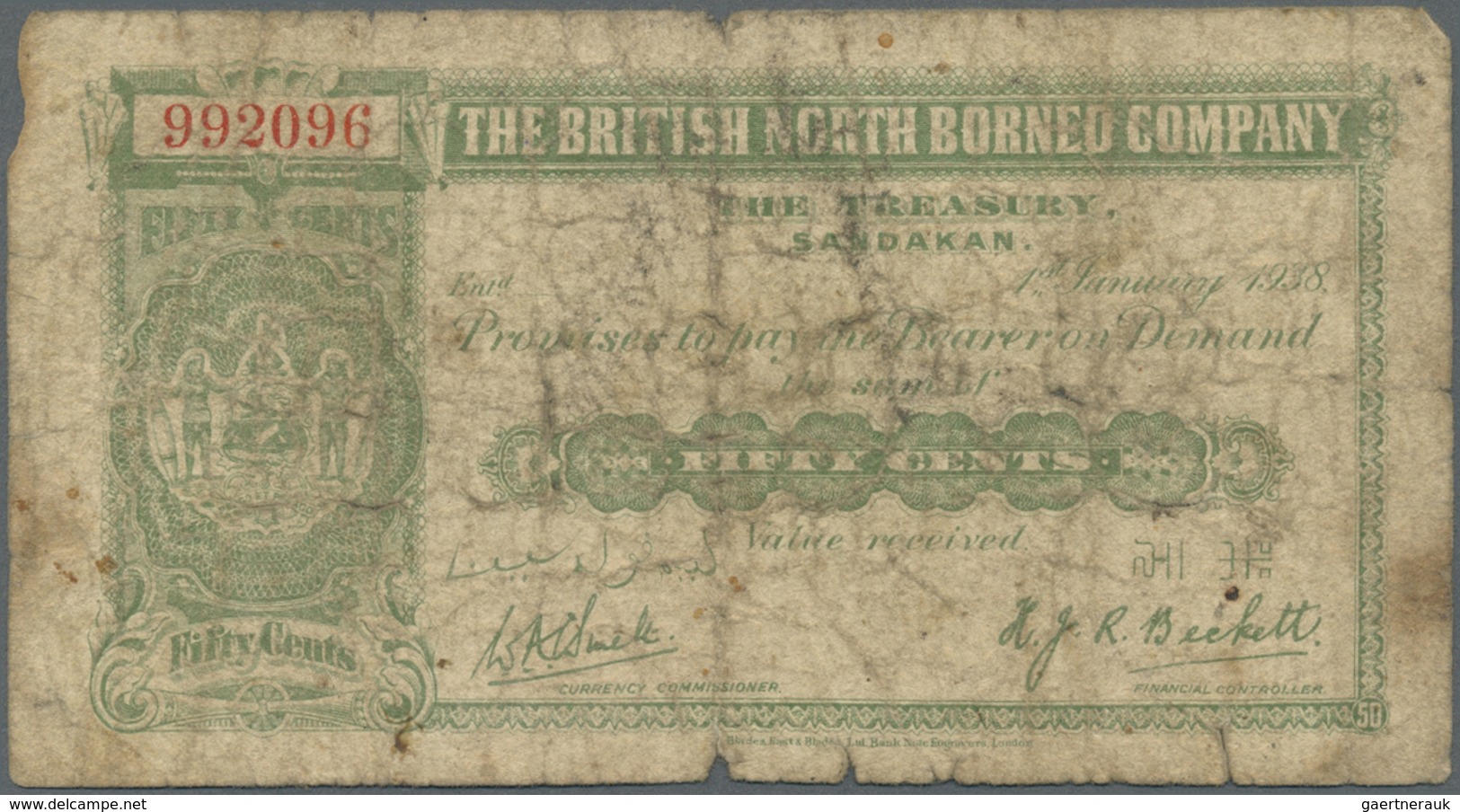 British North Borneo: 50 Cents 1938 In Stronger Used Condition With Several Folds, Creases, Stain An - Sonstige – Afrika